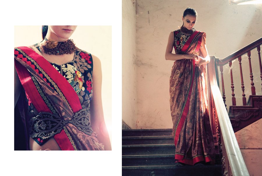Dark Brown Satin Chiffon Printed Sari set with Bird Waistcoat