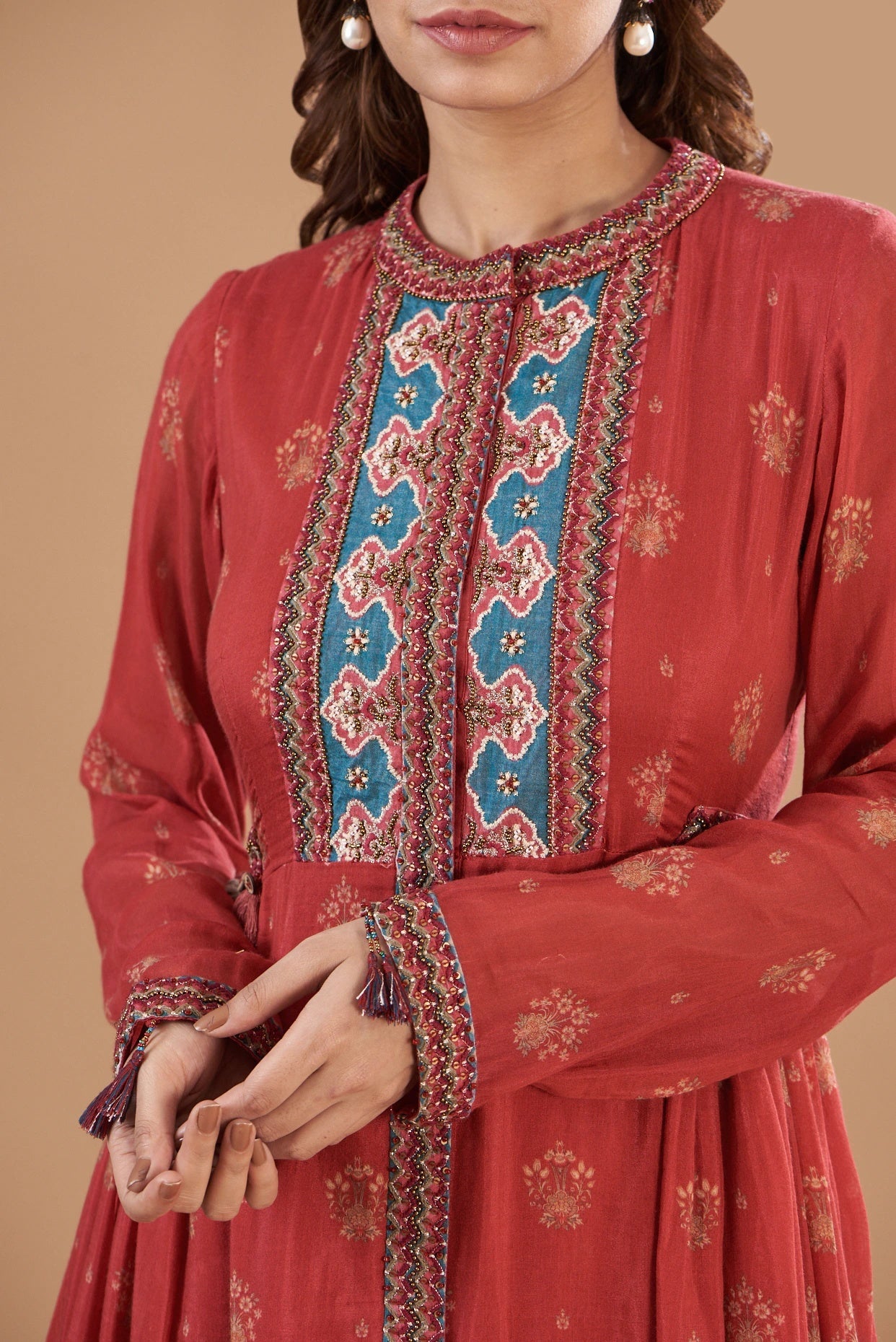 Red Chanderi Printed & Embroidered Kurta Set