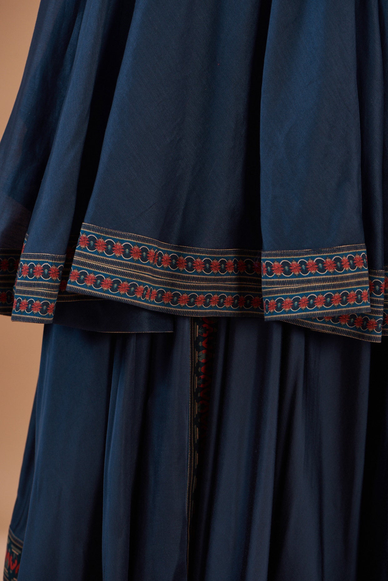 Blue Chanderi Printed & Embroidered Draped Skirt Set