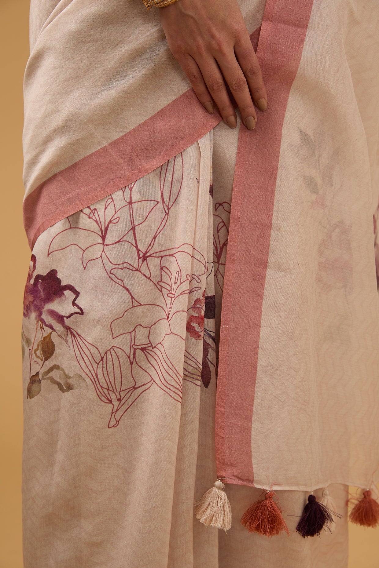 Peachish Beige Chanderi Floral Printed Saree Set