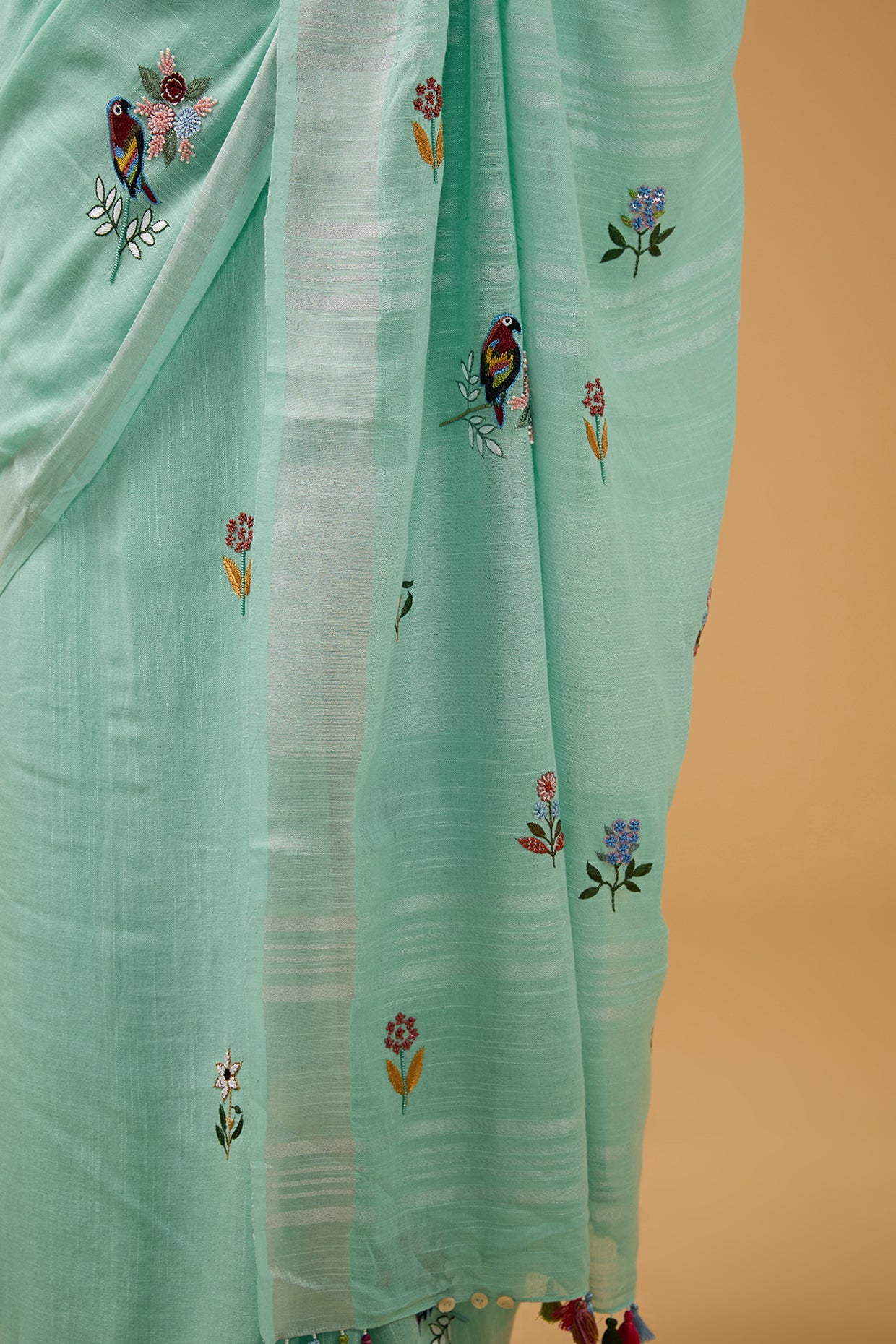 Blue Linen Floral Boota Work Handwoven Saree Set