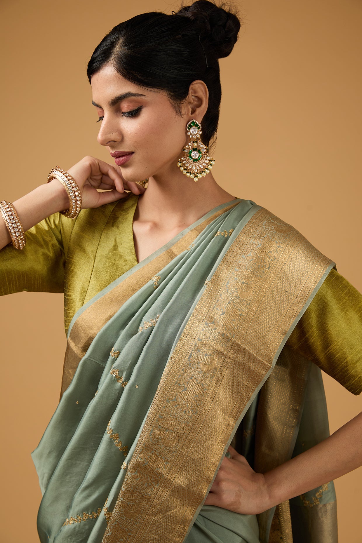 Slate Green Silk Floral Embroidered Saree Set