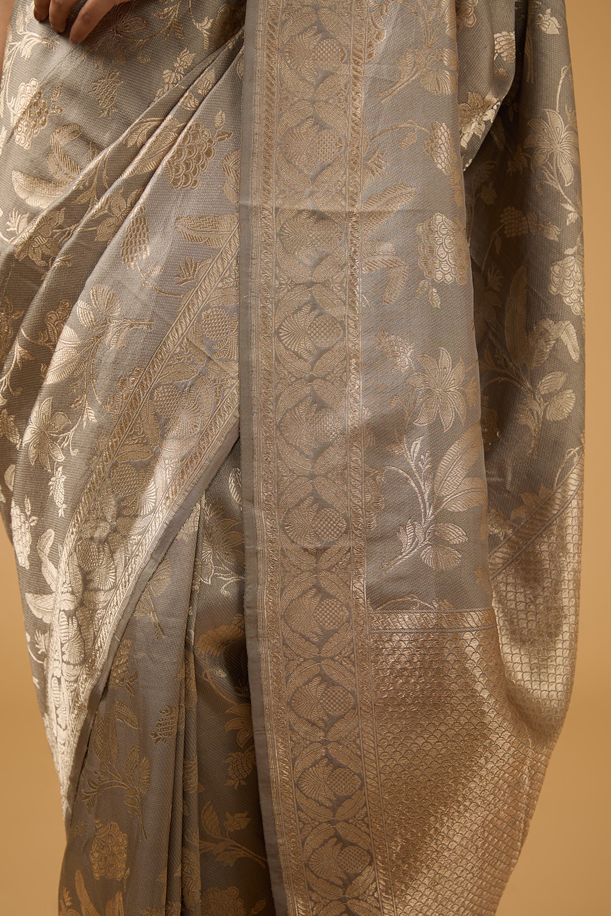 Grey Silk Motif Embroidered Banarasi Saree Set
