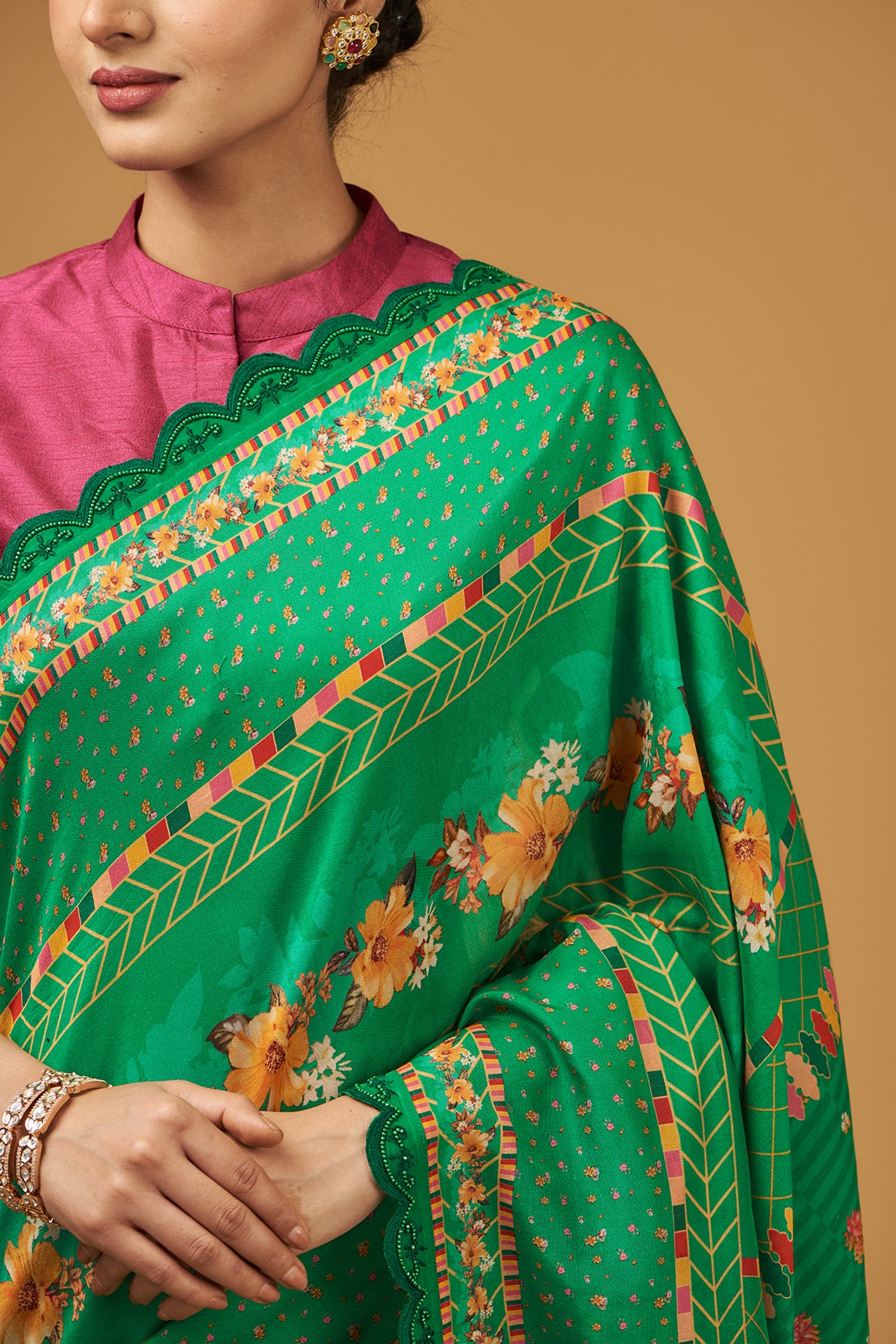 Green Viscose Modal Silk Floral Printed Saree Set