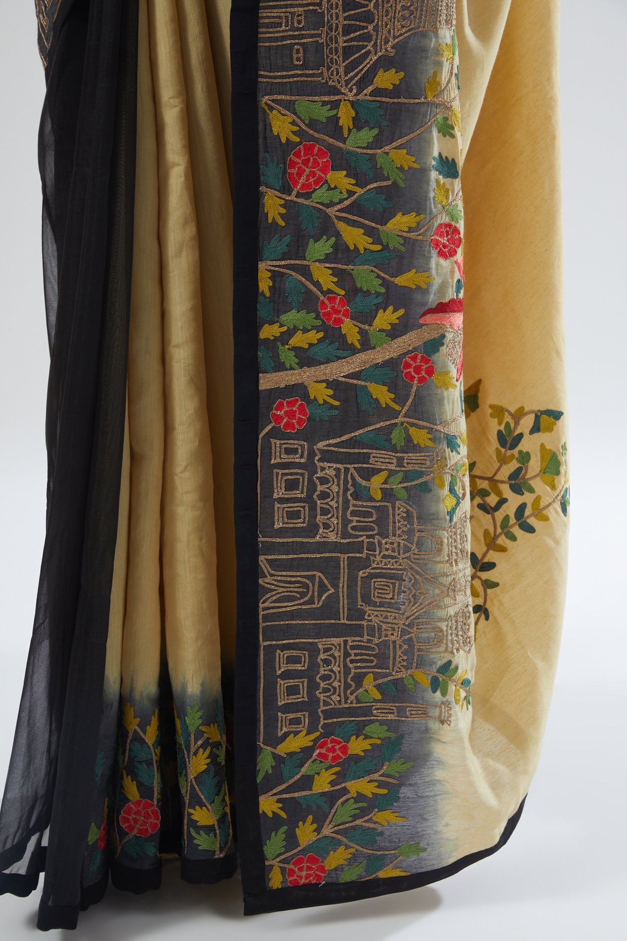 Beige Gold & Black Ombre Embroidered Saree Set