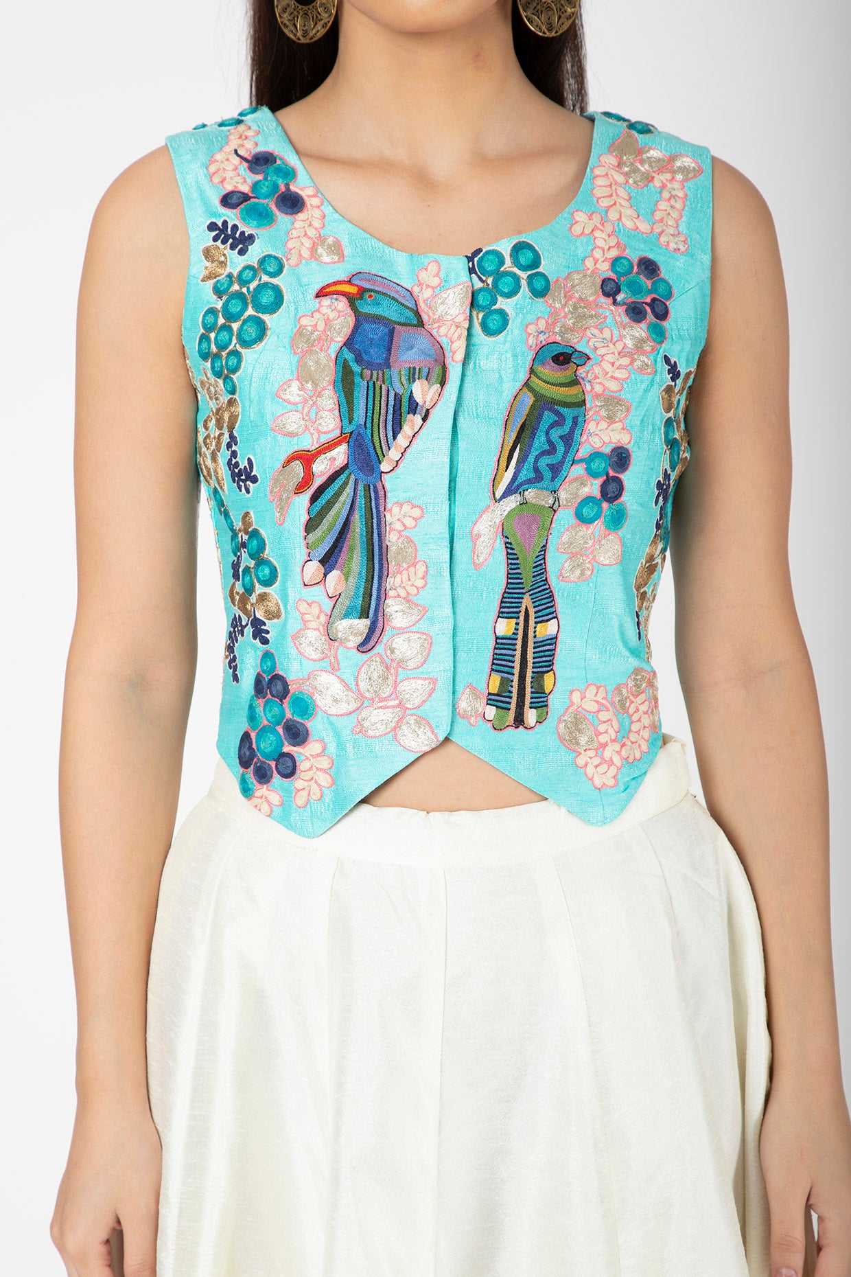 Turquoise Embroidered Jacket With White Lehenga