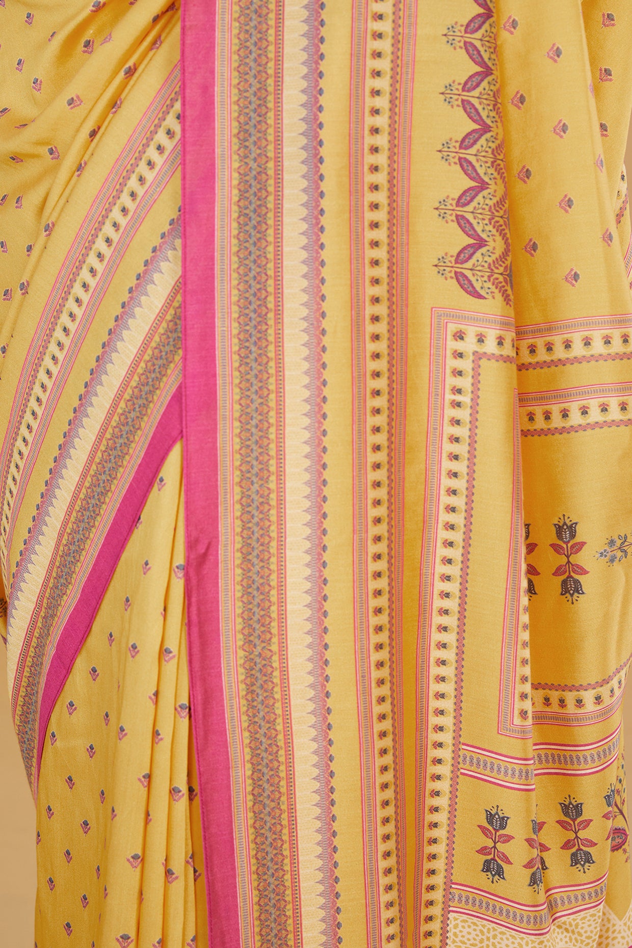 Yellow Cotton Silk Floral Printed Saree Set