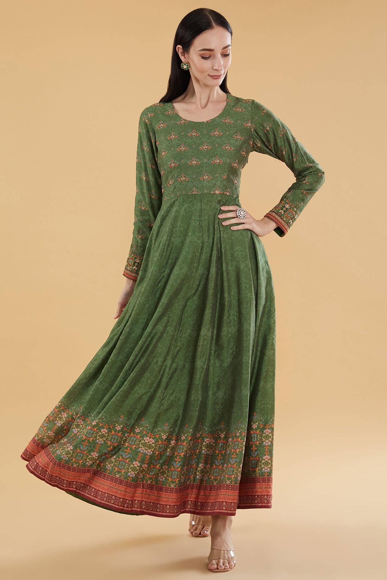 Mehendi Green Cotton Silk Floral Printed Maxi Dress Aharin Mehendi Green Cotton Silk Floral Printed Maxi Dress Aharin