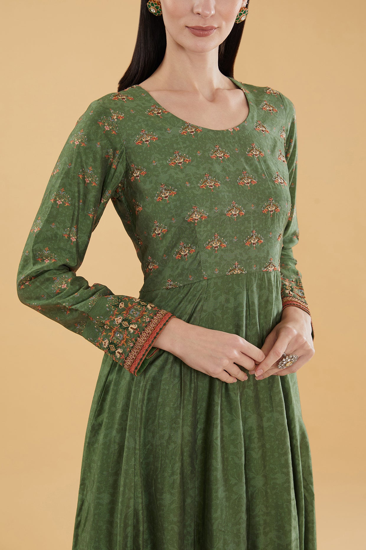 Mehendi Green Cotton Silk Floral Printed Maxi Dress