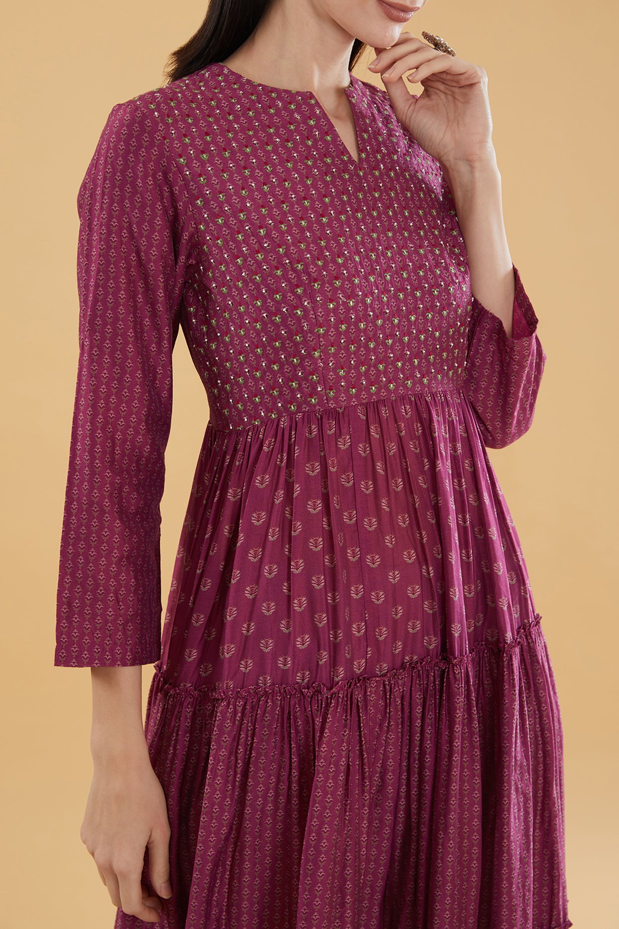 Maroon Cotton Silk Floral Printed Maxi Dress
