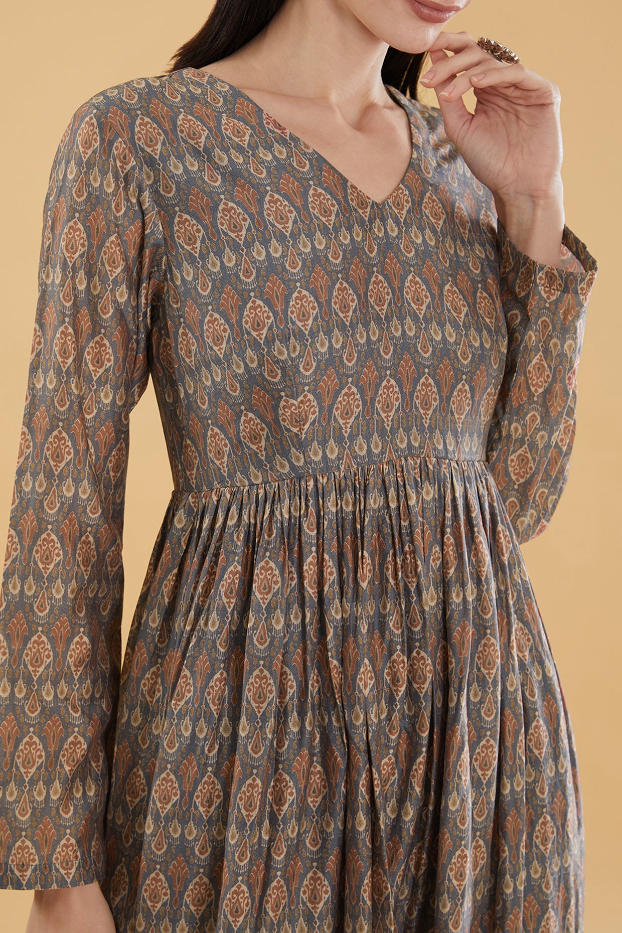 Teal Blue Cotton Silk Floral Printed Maxi Dress