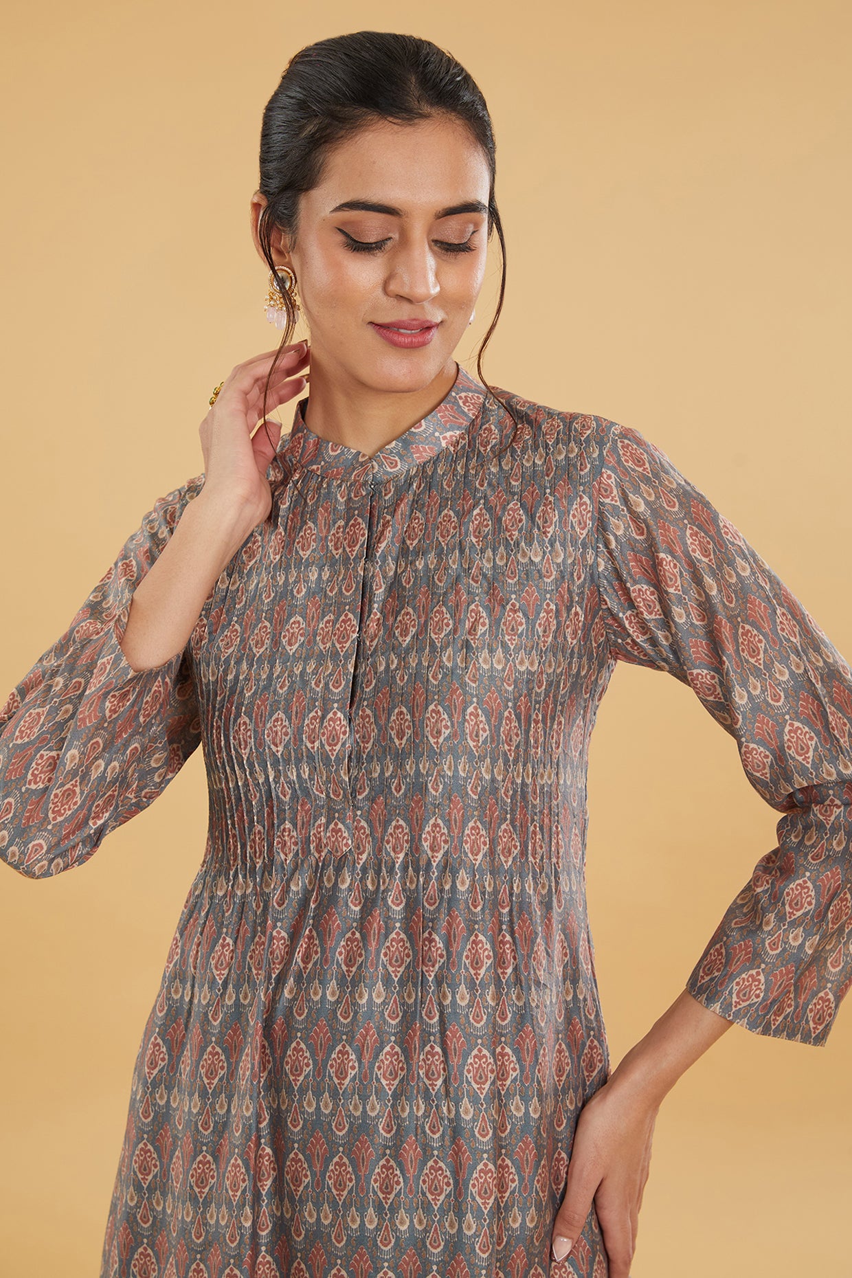 Teal Blue Cotton Silk Floral Printed Kurta Set