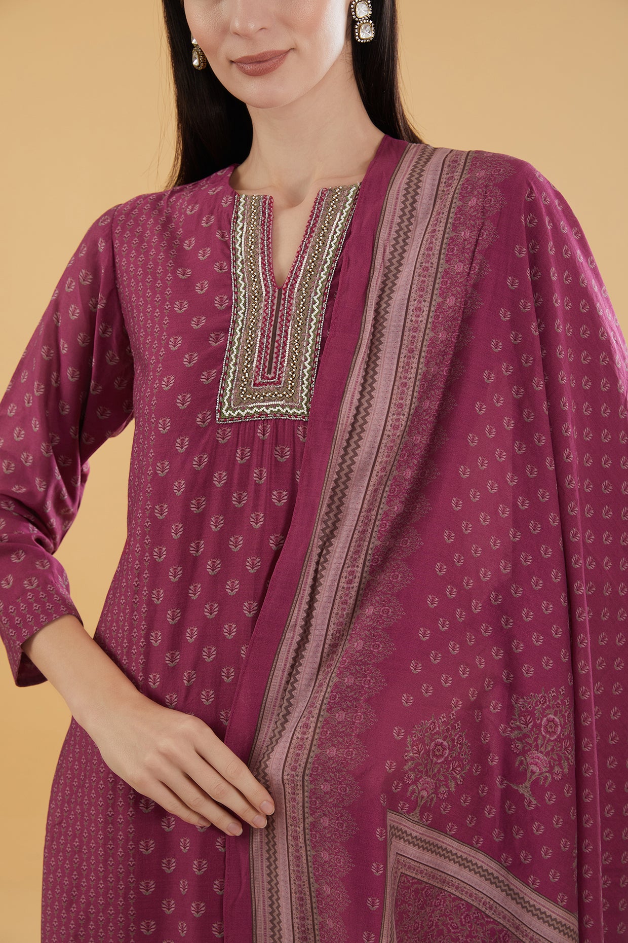 Maroon Cotton Silk Floral Printed Kurta Set