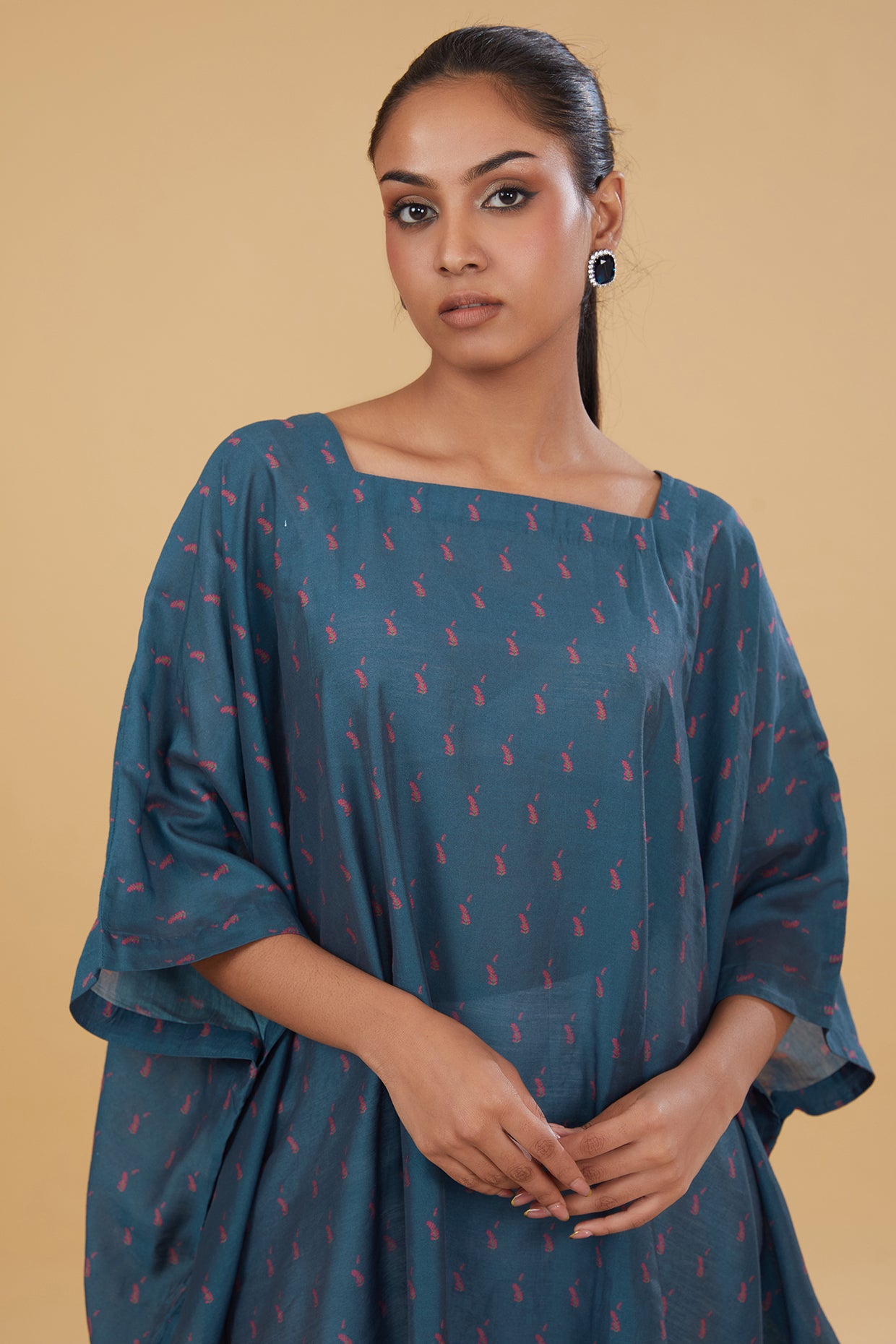 Blue Cotton Silk Floral Motif Printed Kaftan Kurta
