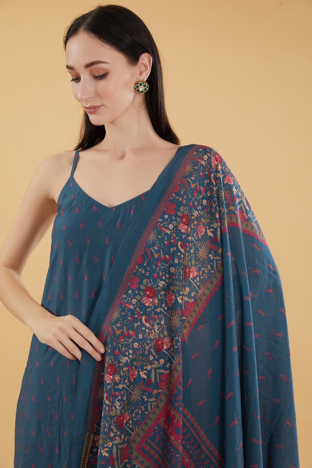 Blue Cotton Silk Floral Motif Printed Kurta Set