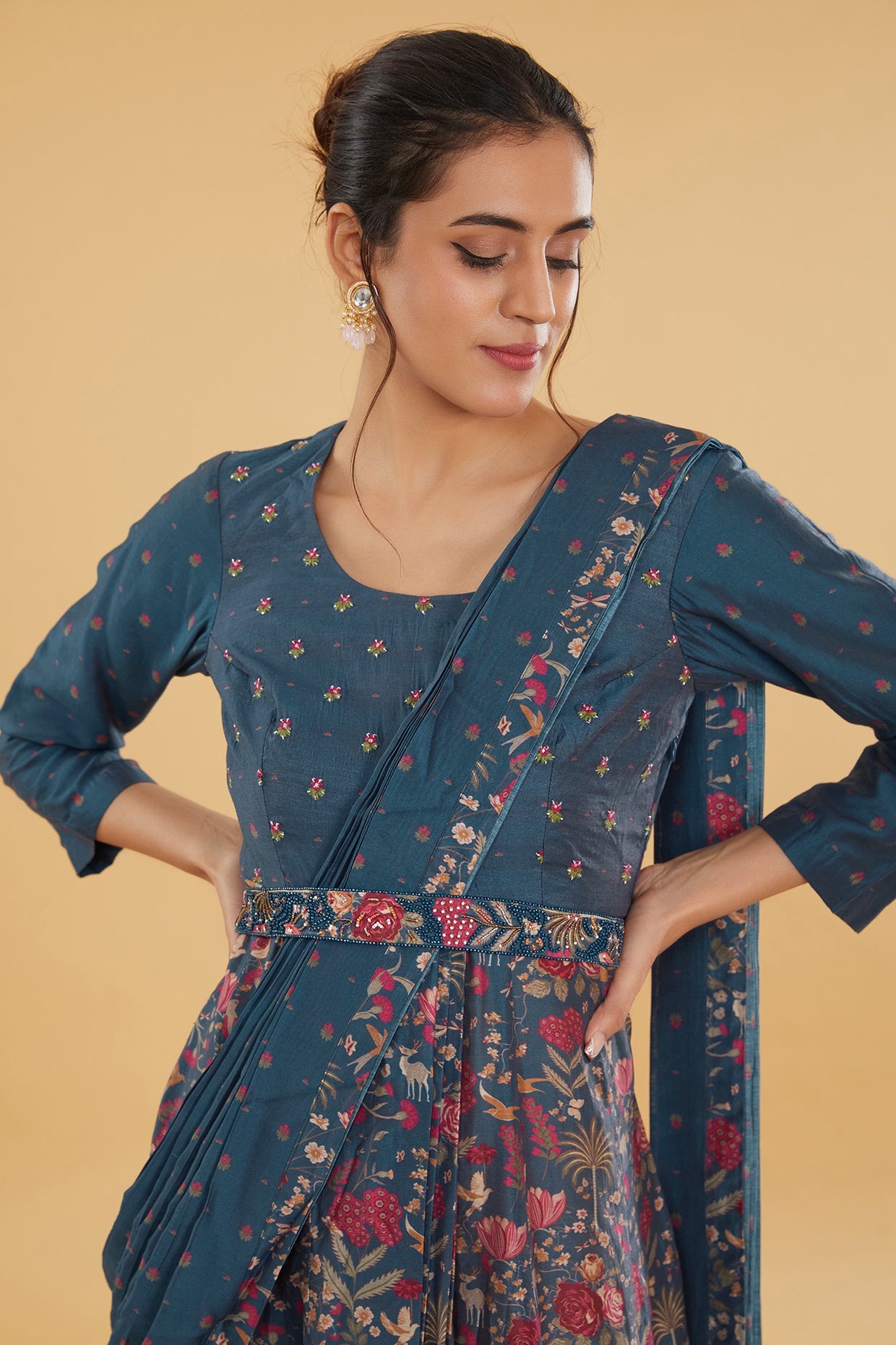 Navy Blue Cotton Silk Floral Printed Kurta With Attached Dupatta