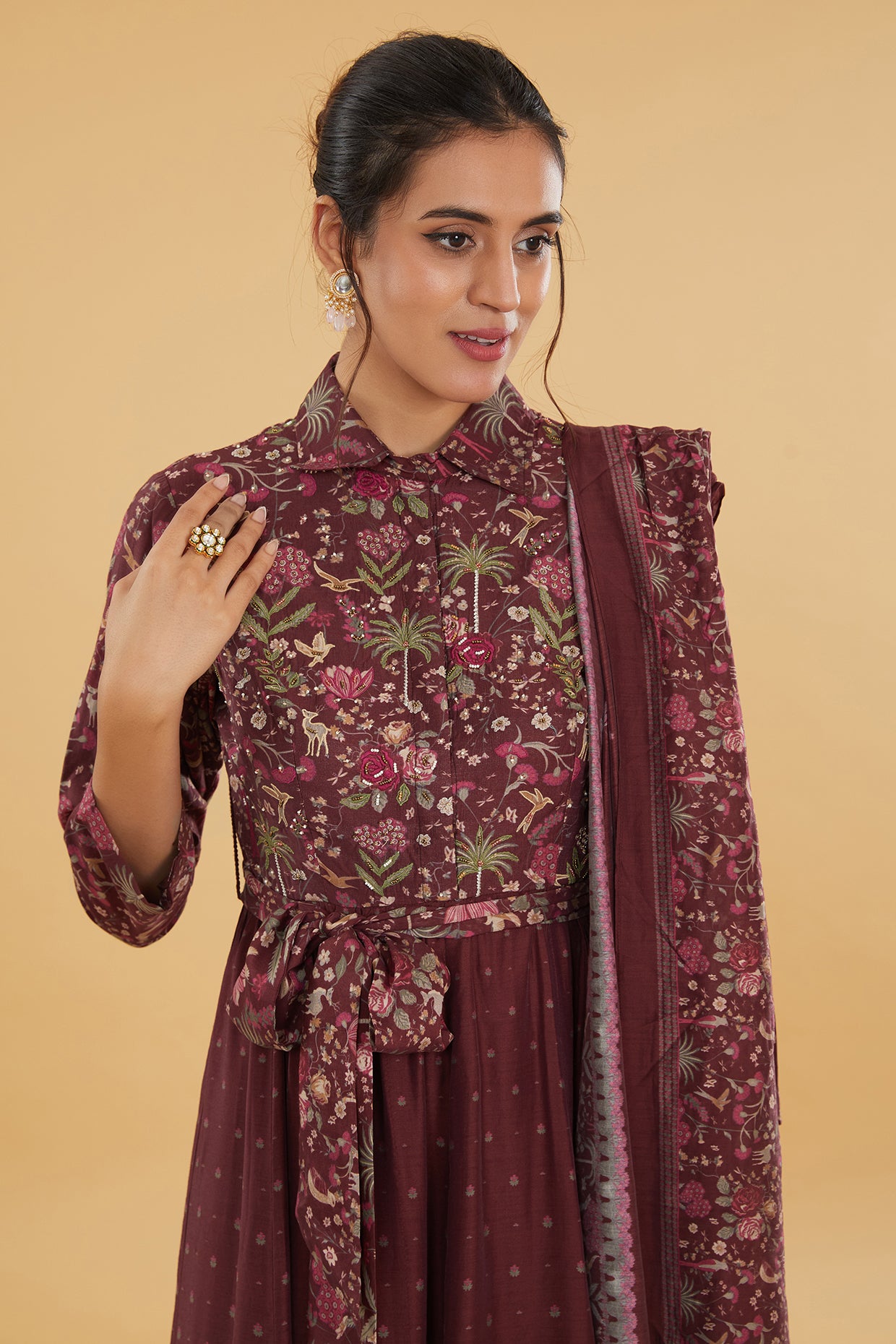 Maroon Cotton Silk Floral Printed Kurta With Attached Dupatta