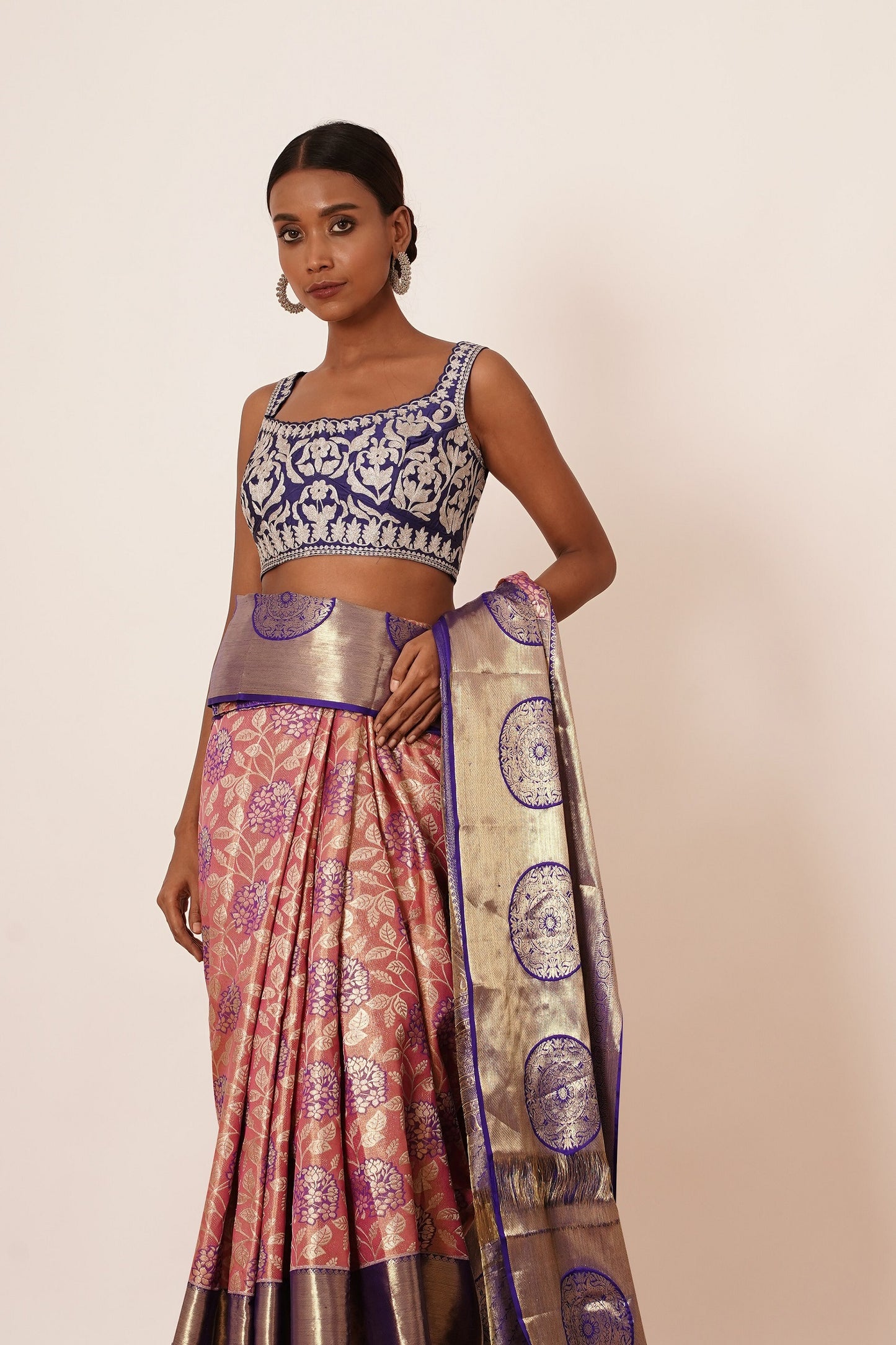 Dusty Peach Dharamavarm Silk Saree with Purple Border