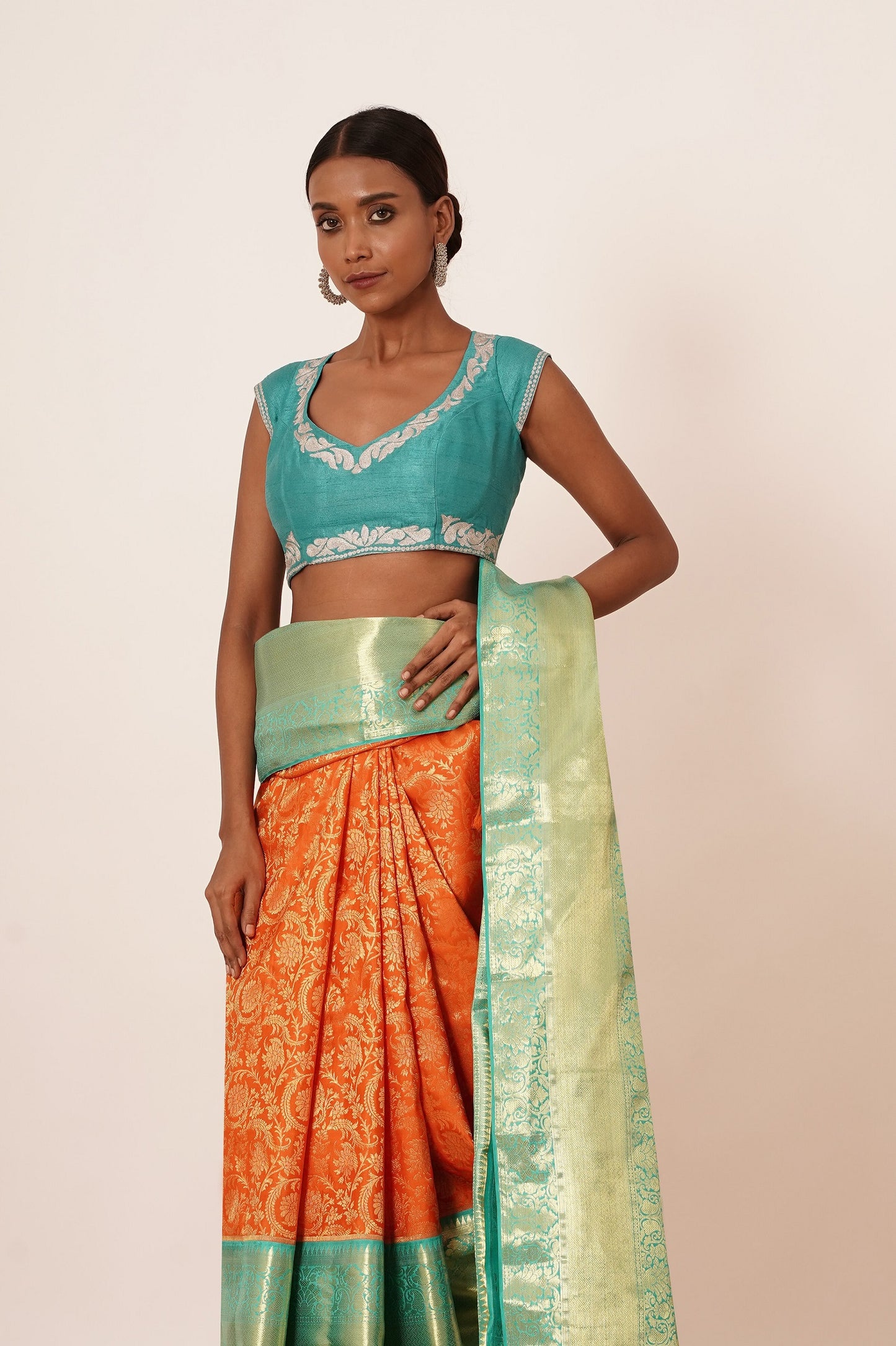 Orange Kanjivaram Silk Saree with Contrast Blouse