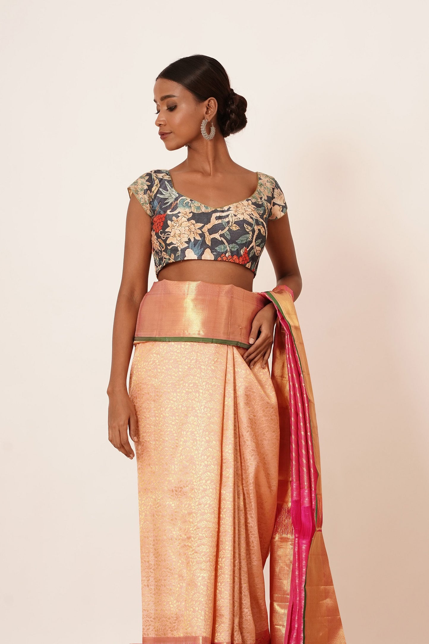 Gold and Pink Dharmavaram Silk Saree with Blue Digitally Printed Blouse