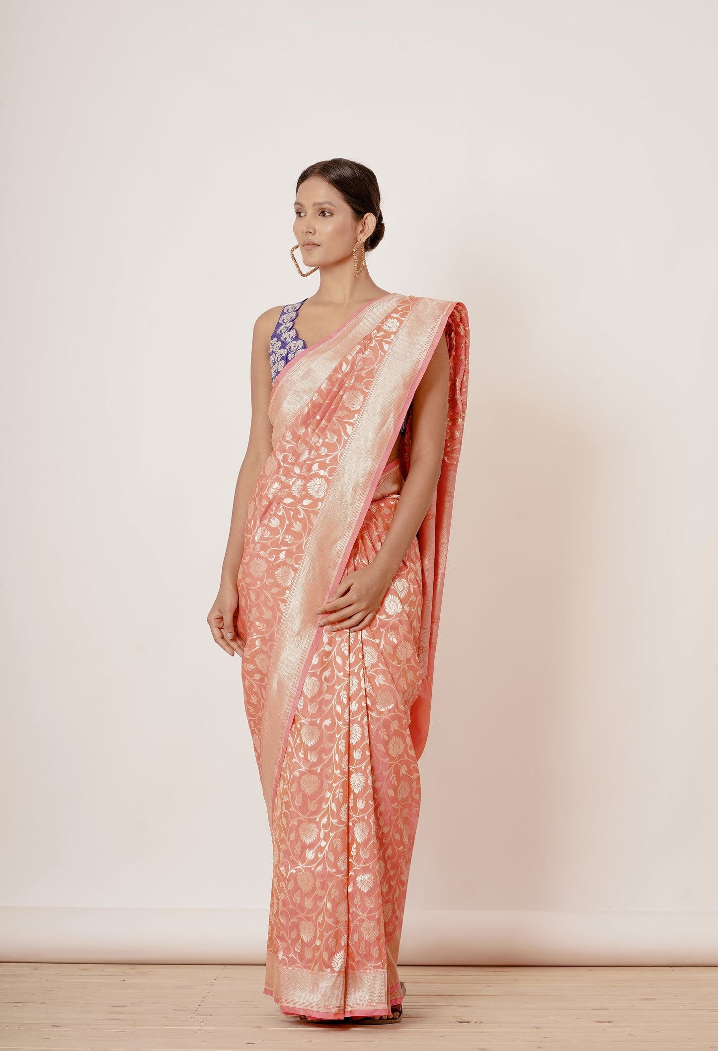 Light Peach Banarasi Silk Saree with Blue Blouse