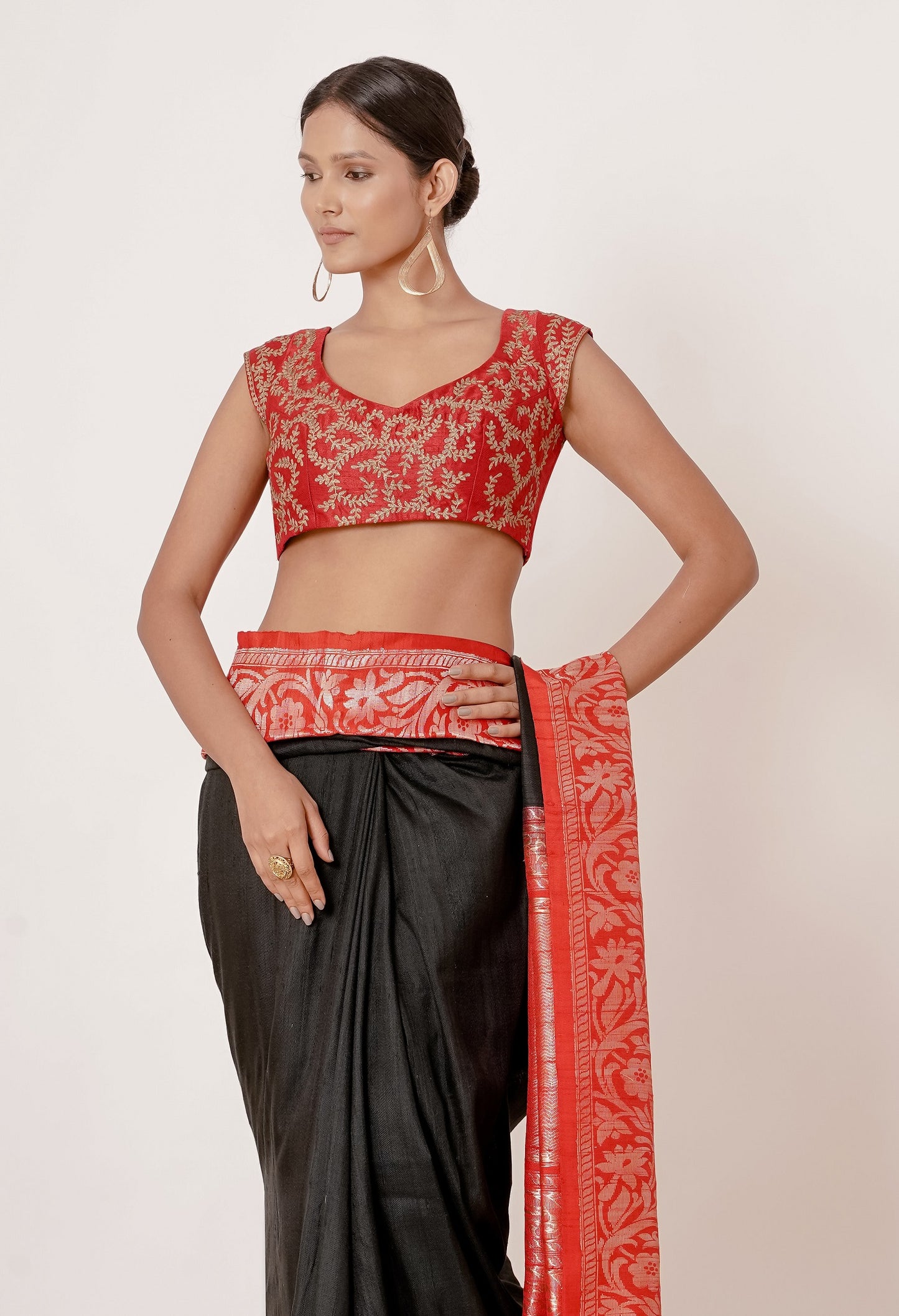 Black Banarasi Silk Saree with Thick Red Border and Red Blouse