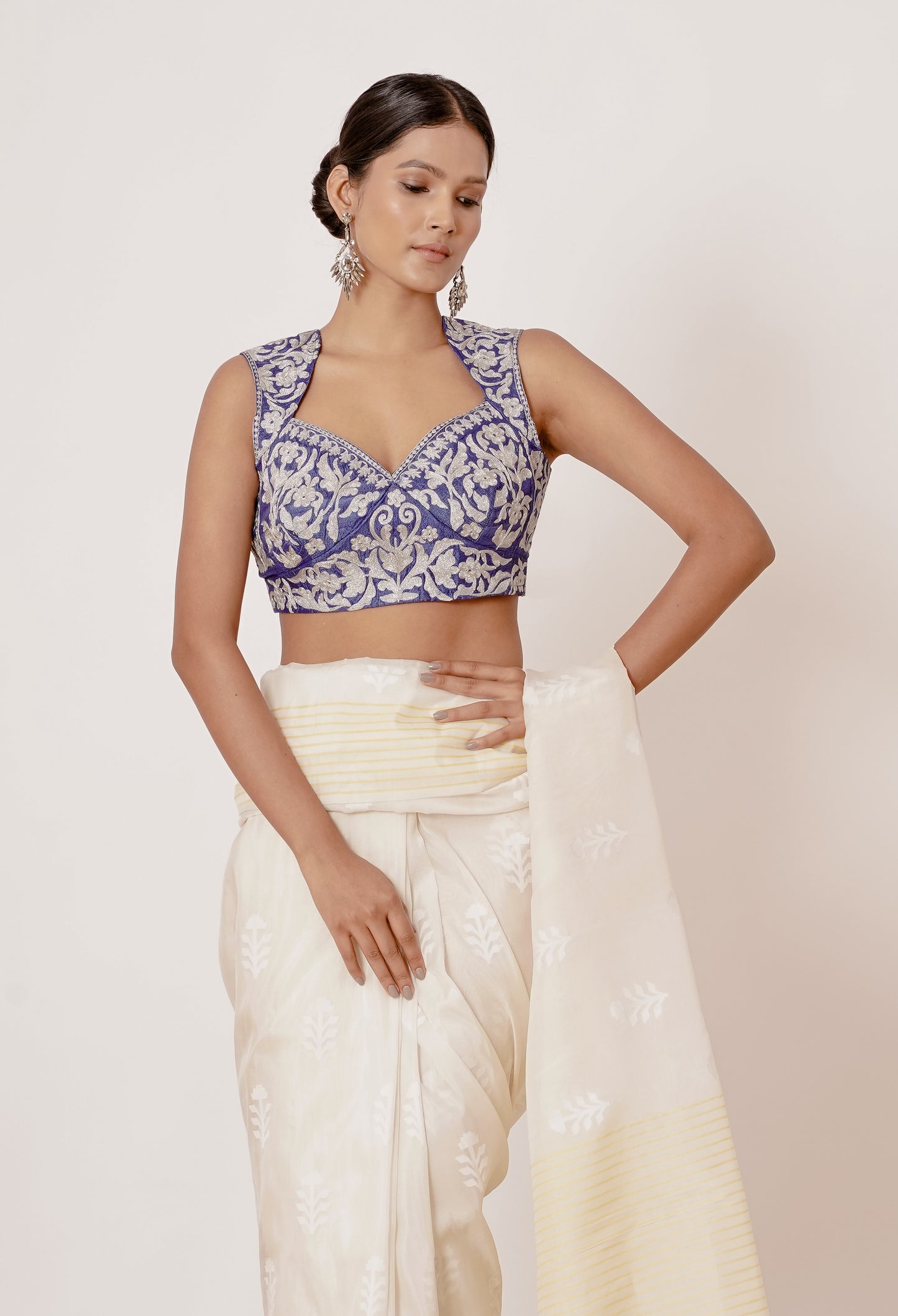 Cream Organza Saree with Blue Blouse