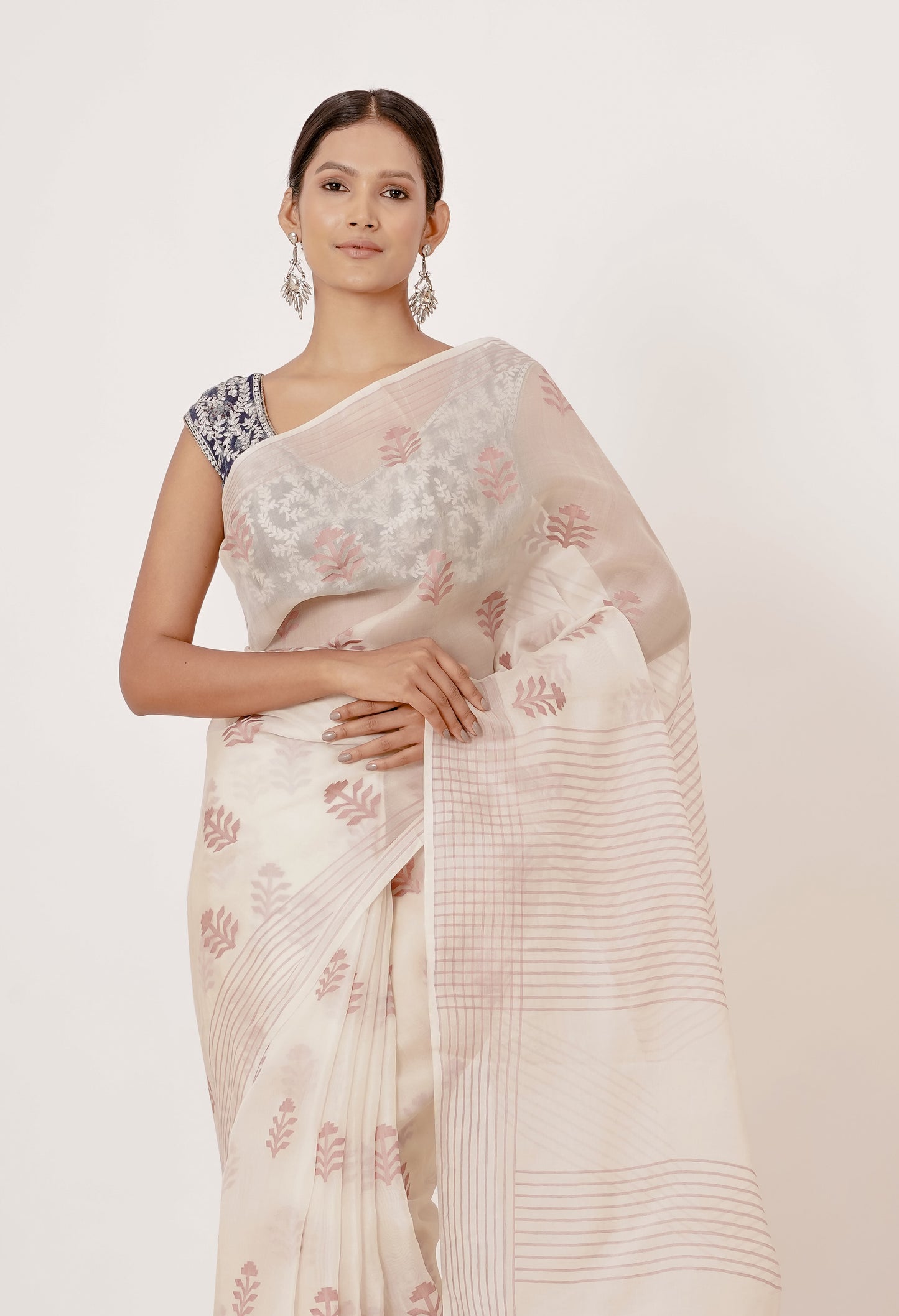 Ivory Organza Banarasi with dark Blue Blouse.