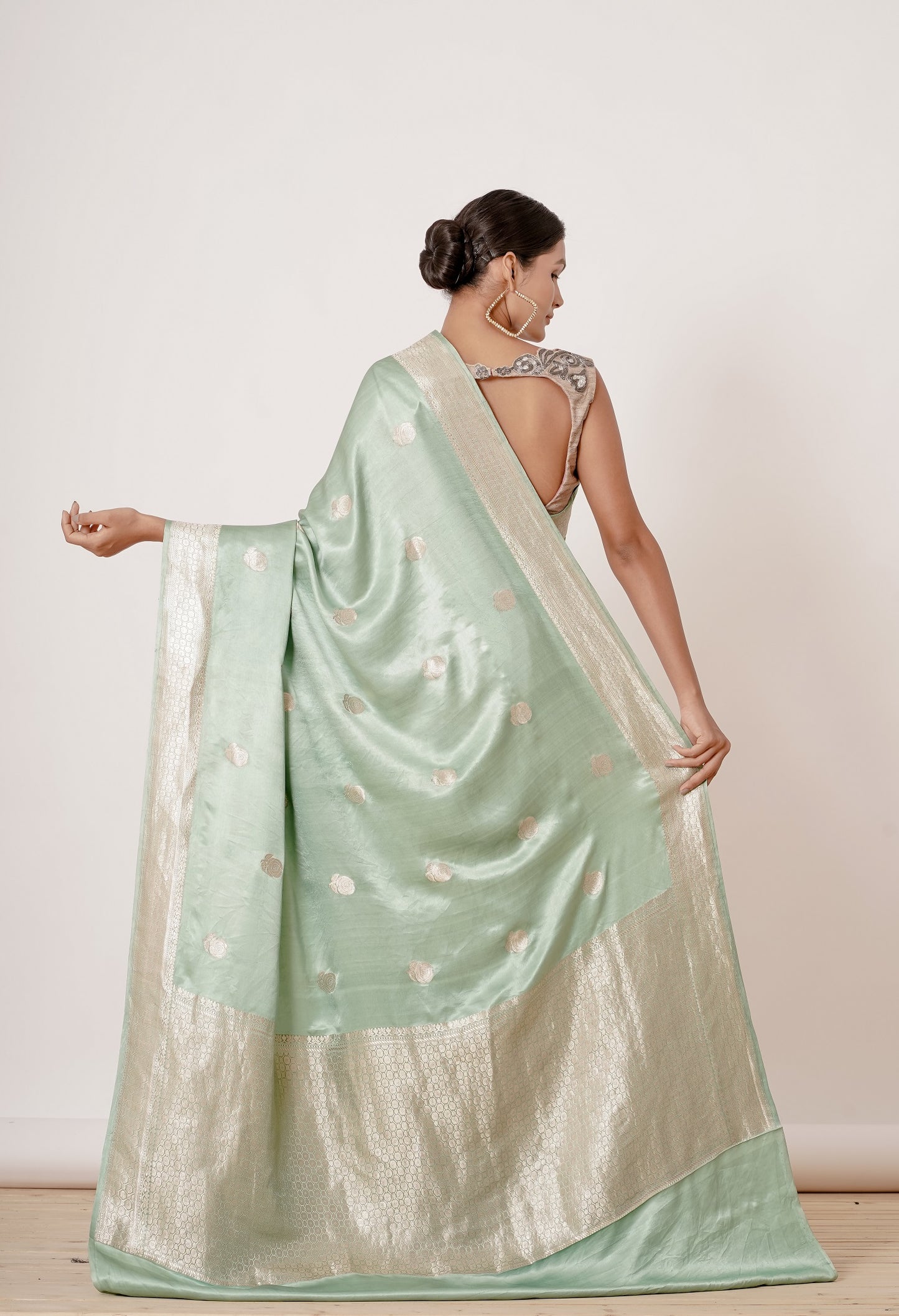 Dusty Blue Banarasi Gajji Saree with Gold Blouse