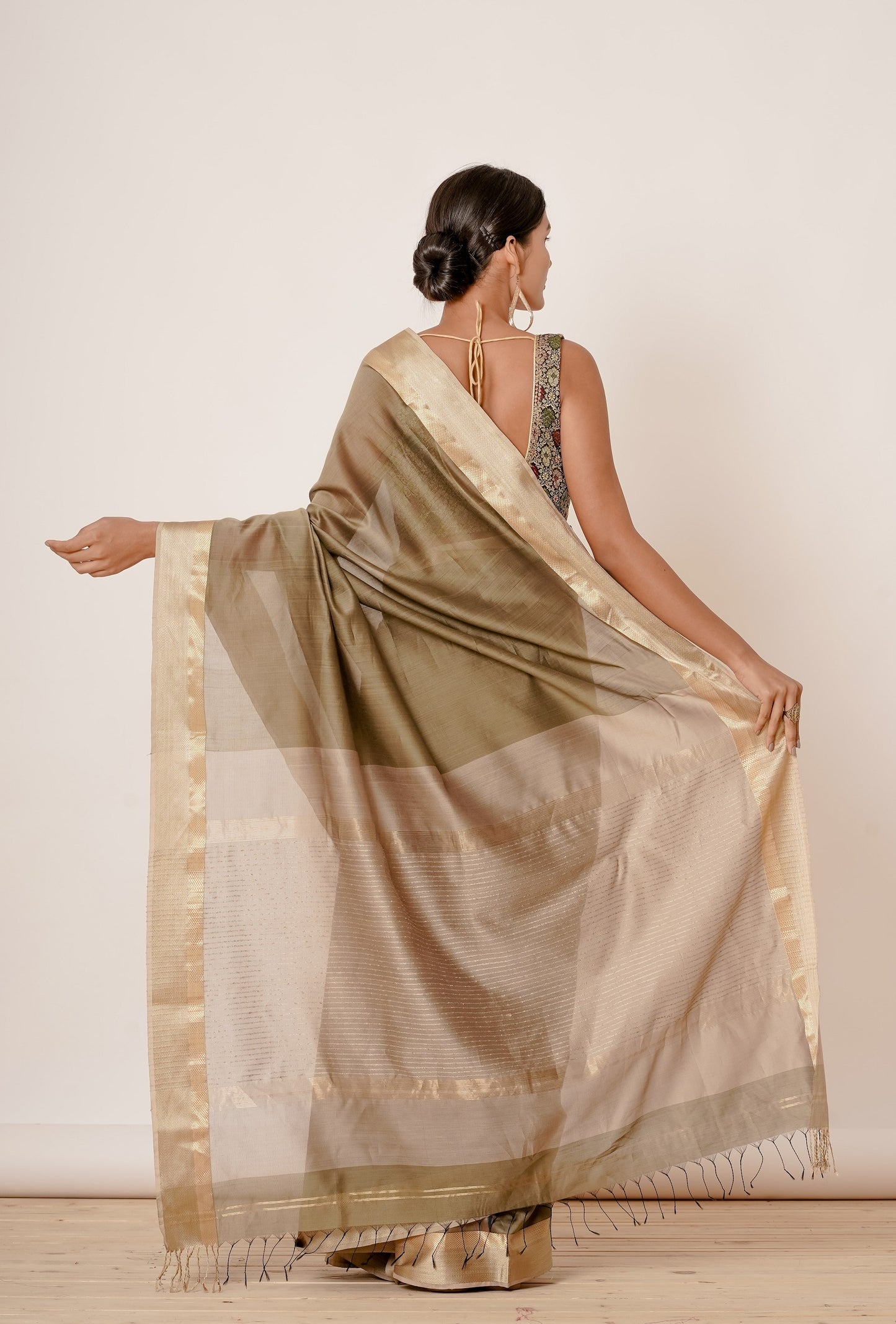 Dusty Green Maheshwari Saree with Brocade Blouse