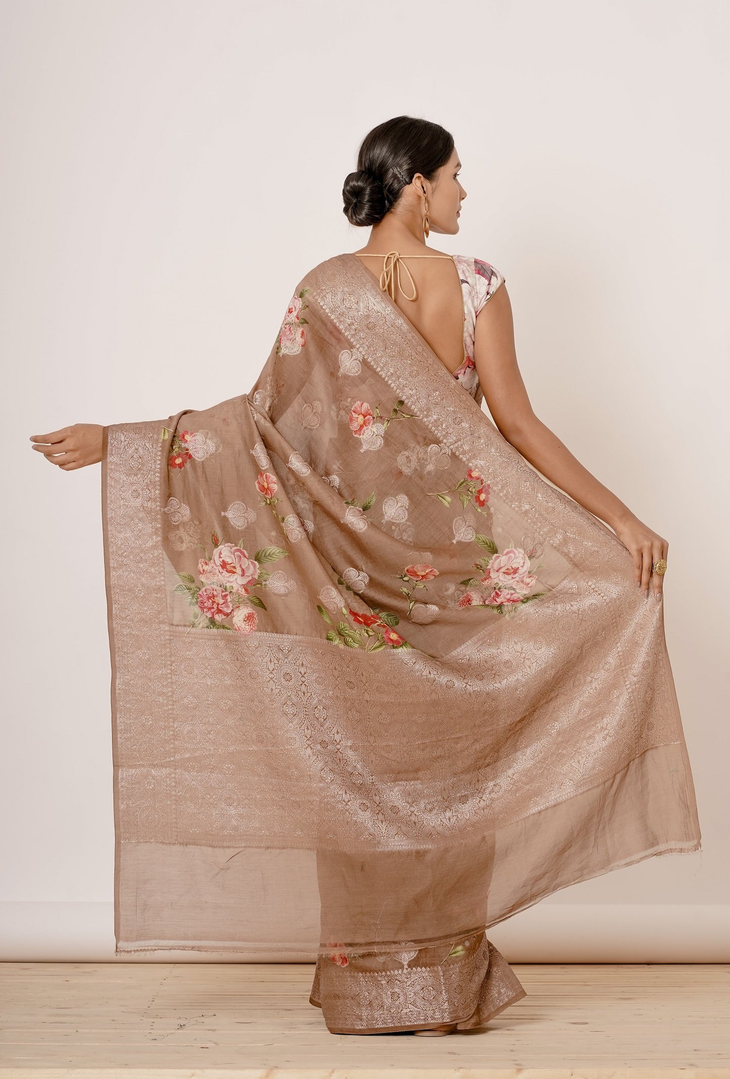 Gold Banarasi Silk Saree with Zari Motifs and Floral Motifs Digital Print all over