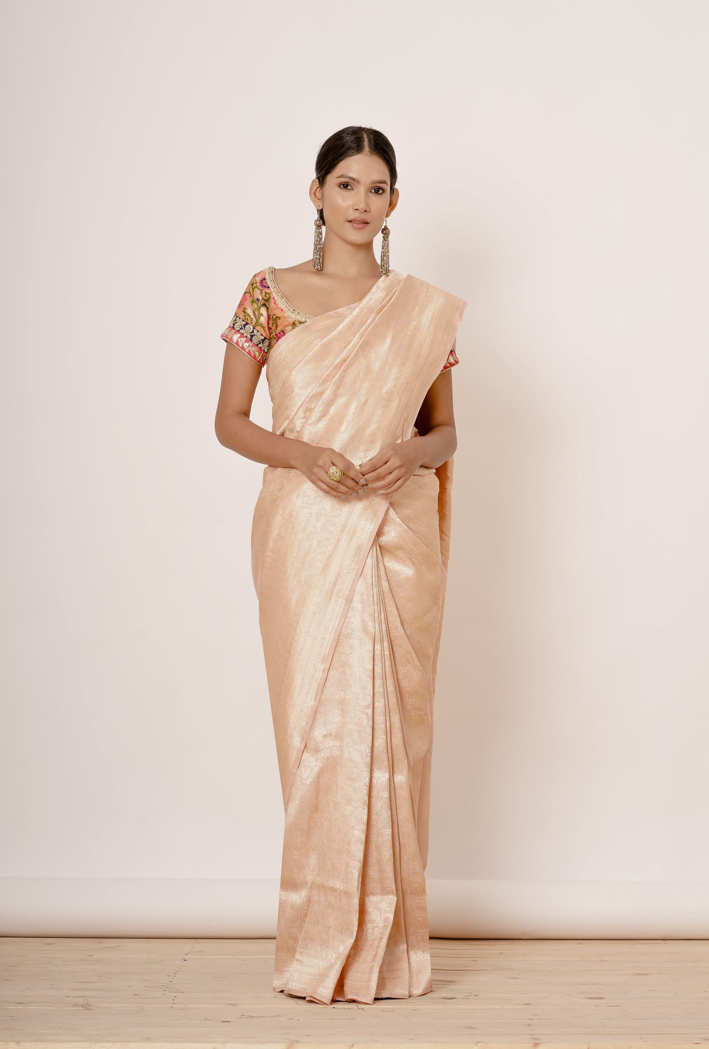 Light Peach Saree with Gold Floral Embroidered Blouse