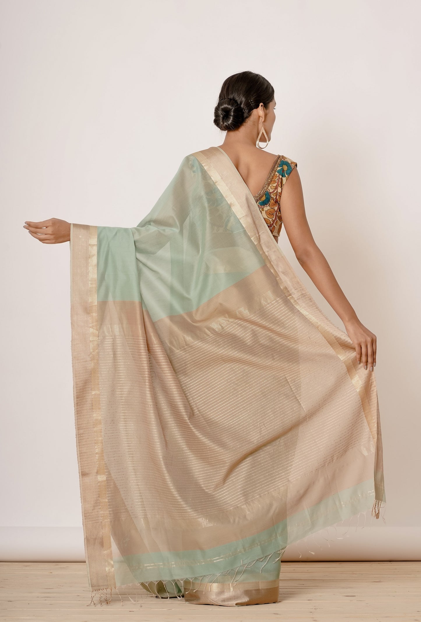 Dusty Turqoise Maheshwari Sari with Handpainted Kalamkari Blouse