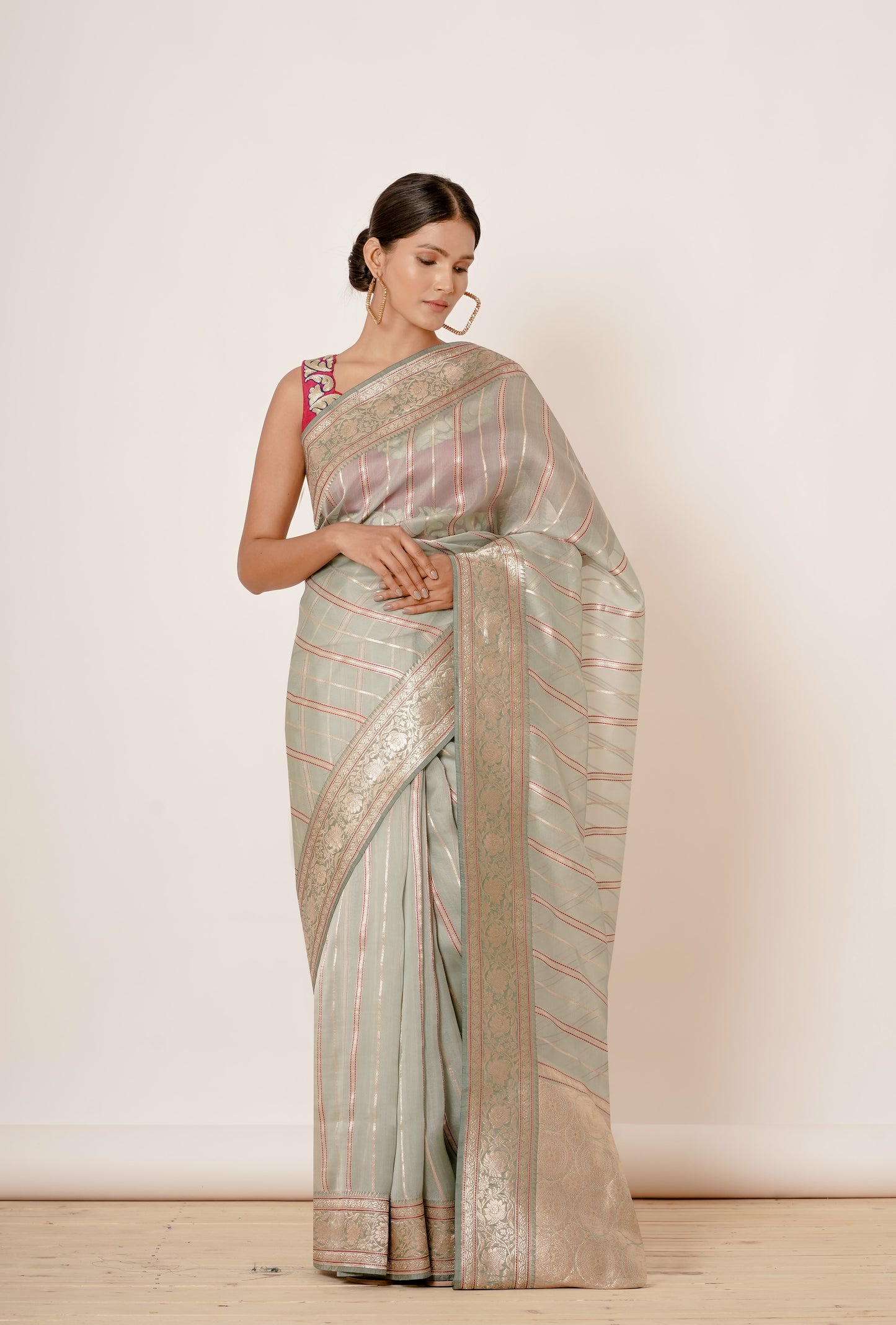 Dusty Blue Banarasi Silk Saree with Magenta Blouse with Applique work