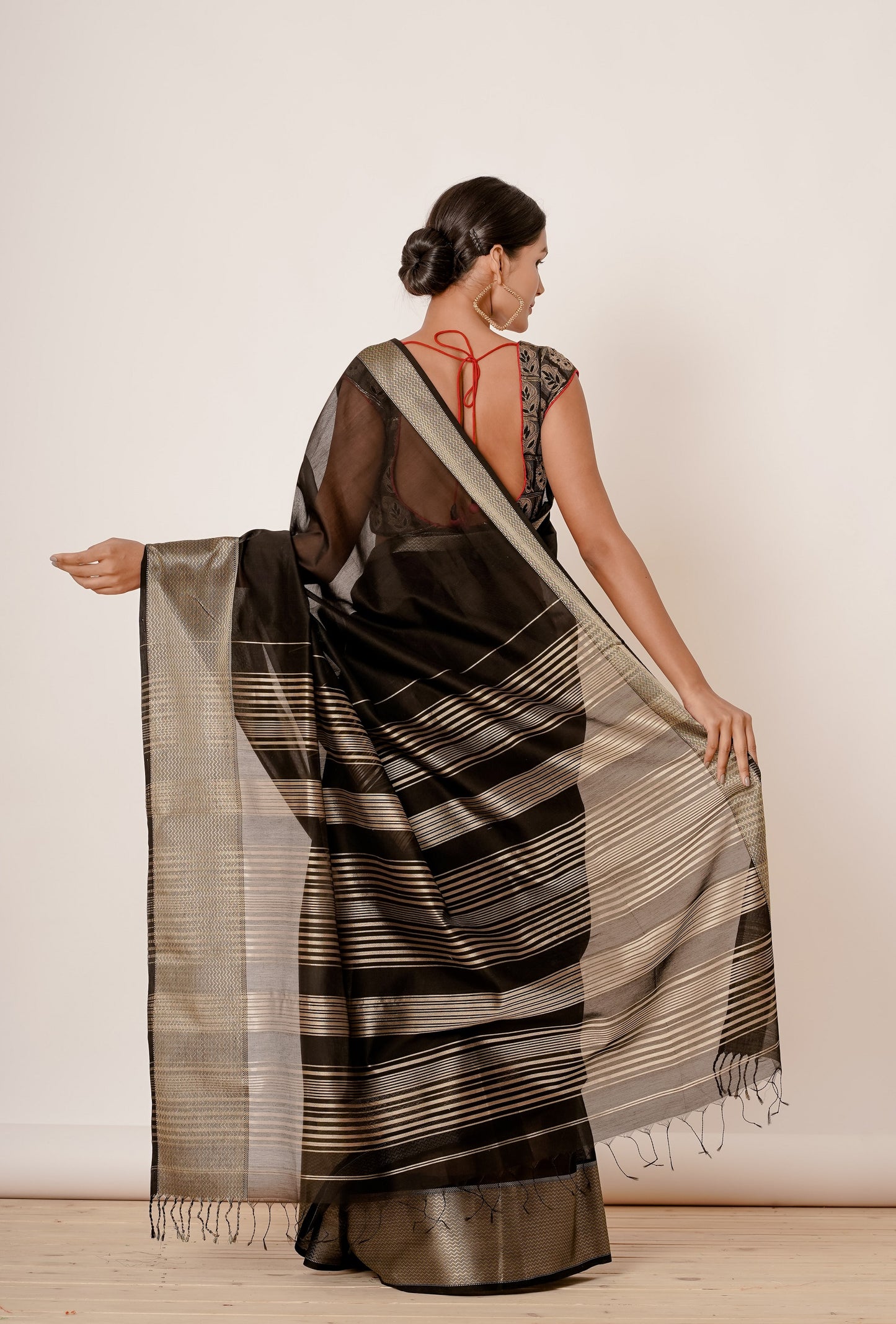 Black Maheshwari Silk Saree with Black Blouse