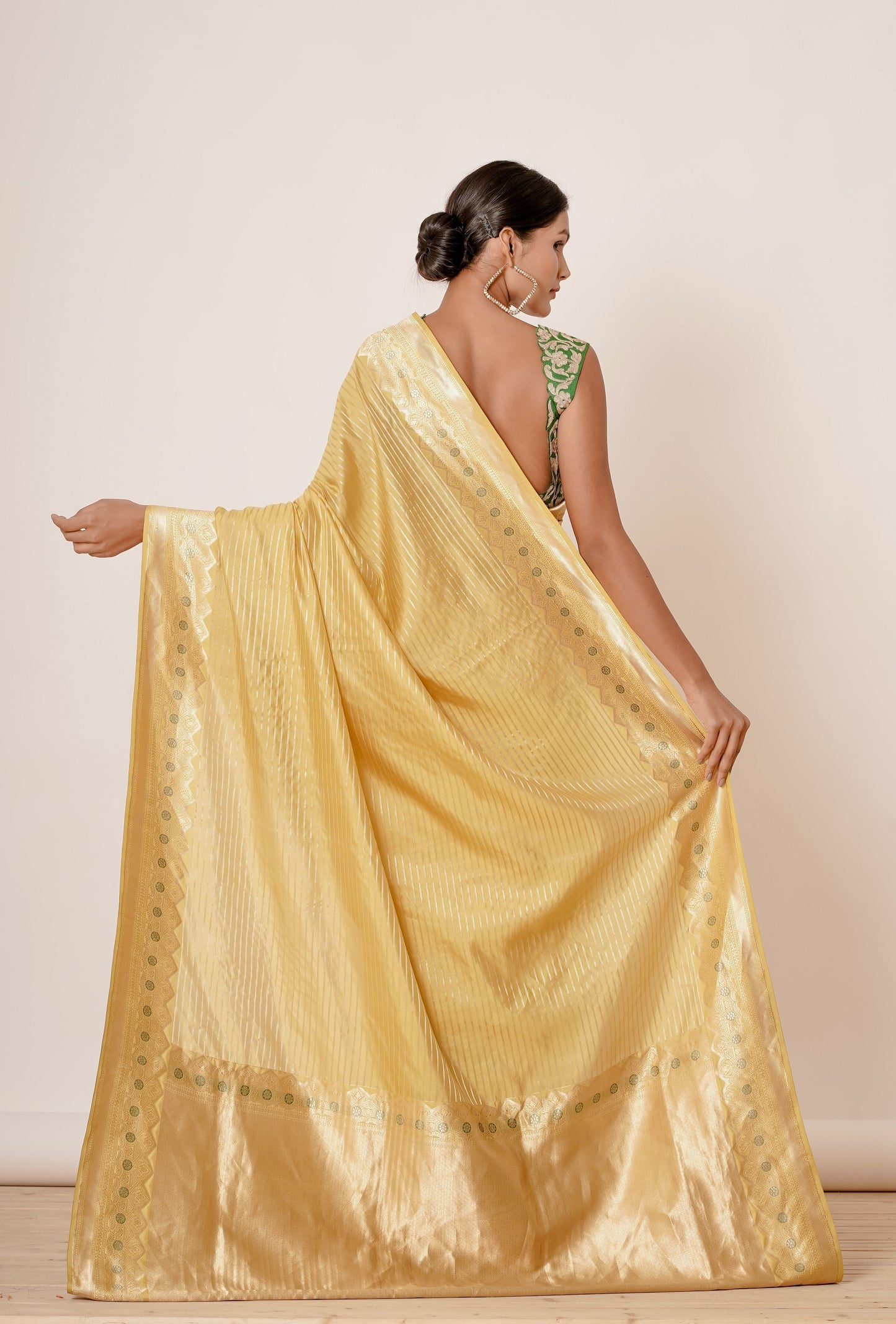Pastel Yellow Banarasi Silk Saree with Green Blouse