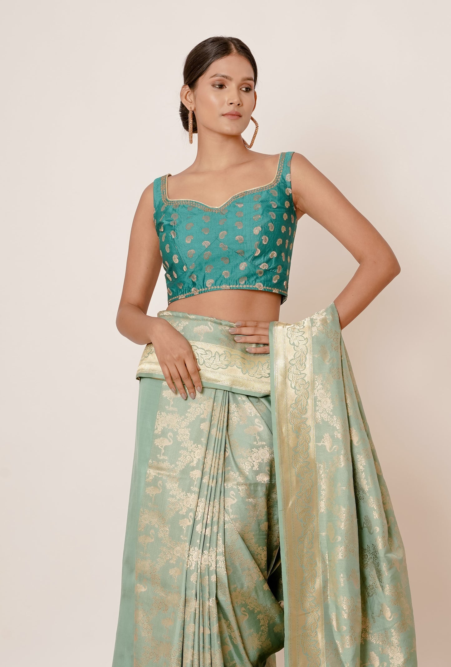 Pastel Blue Banarasi Silk Saree with Backless Blouse