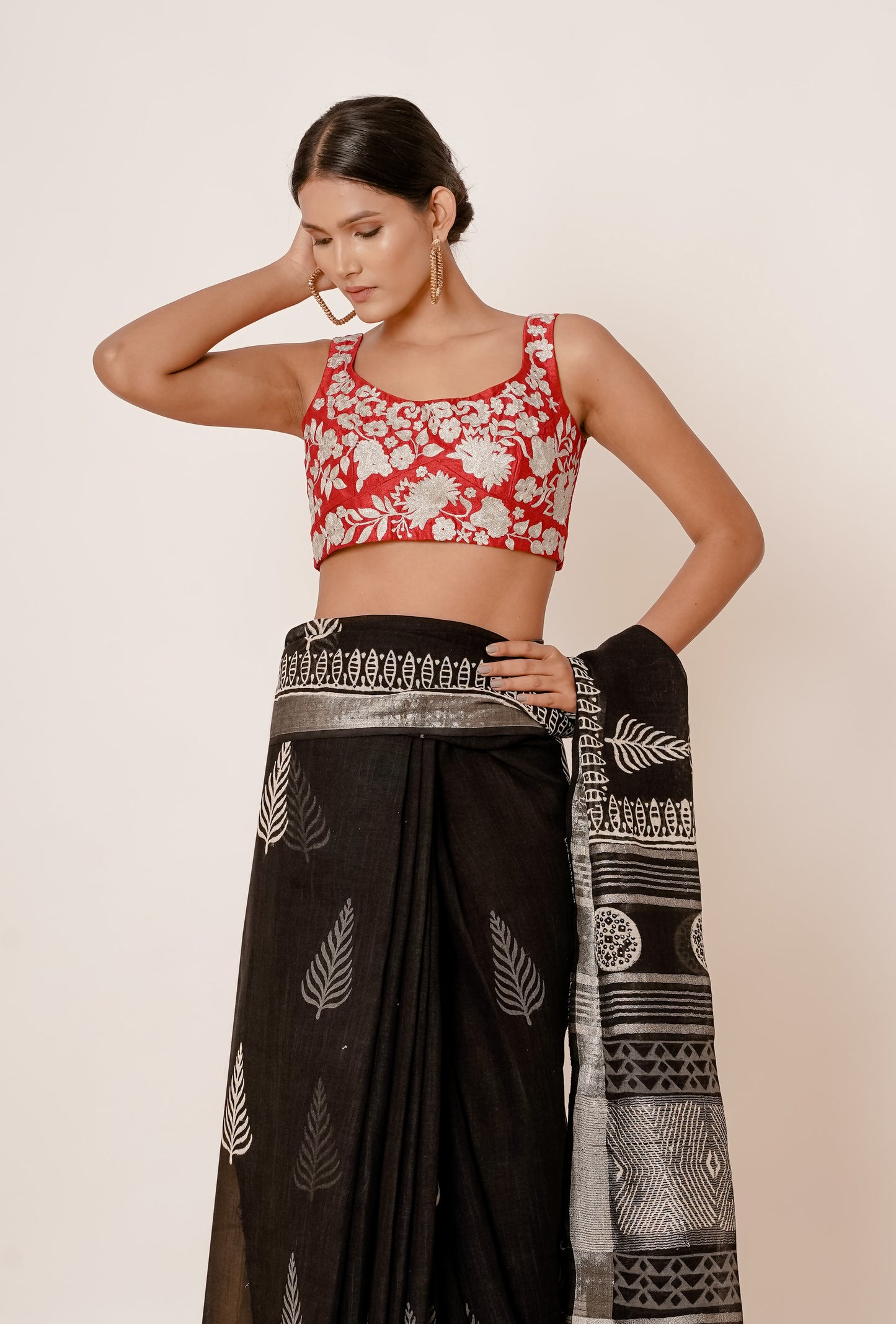 Black Hand Block Printed Linen Saree with Brick Red Blouse all over Zari Embroidery