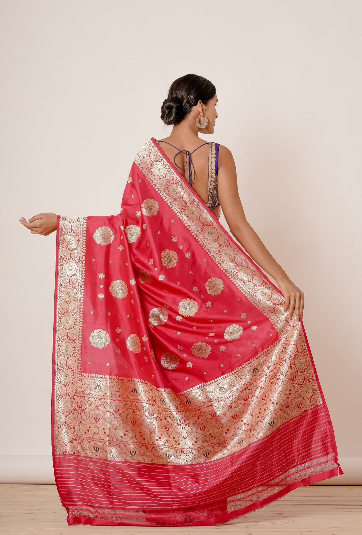 Pink Banarasi Silk Saree with Navy Backless Blouse