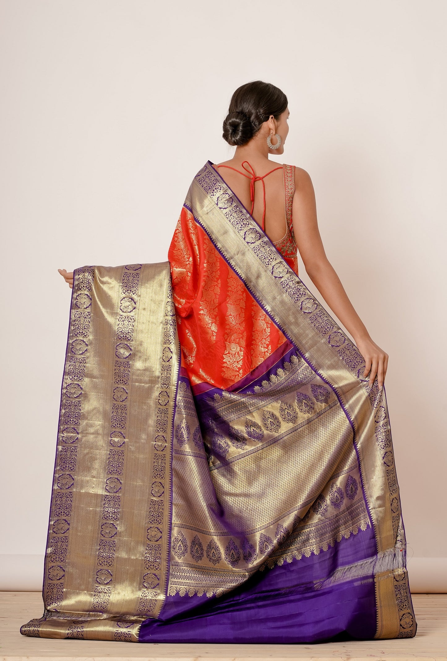 Red and Navy Kanjivaram Silk Saree with Navy Blouse Hand Block Printed Blouse