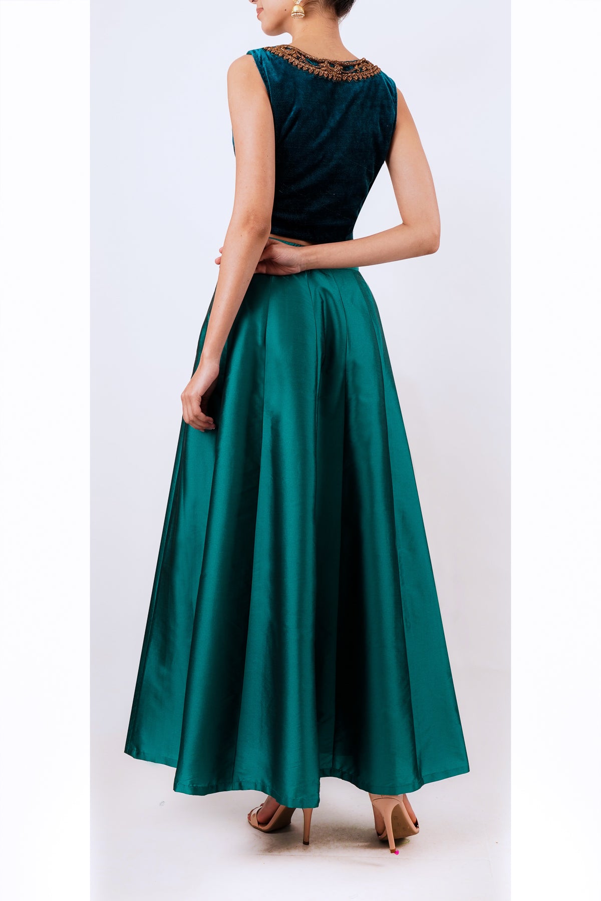 Dark teal velvet embroidered top with teal tafetta silk skirt