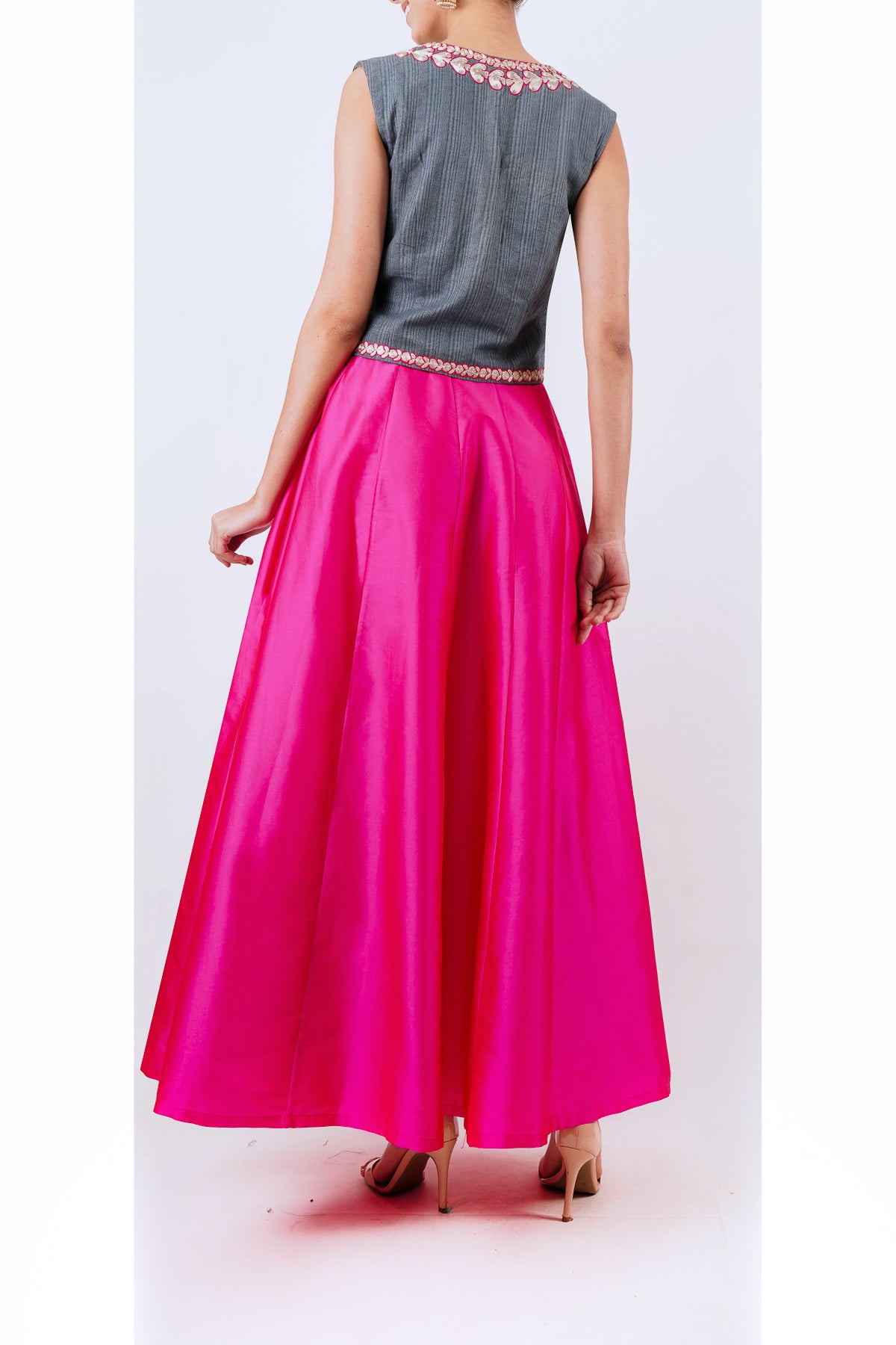 Grey embroidered top with pink tafetta silk skirt
