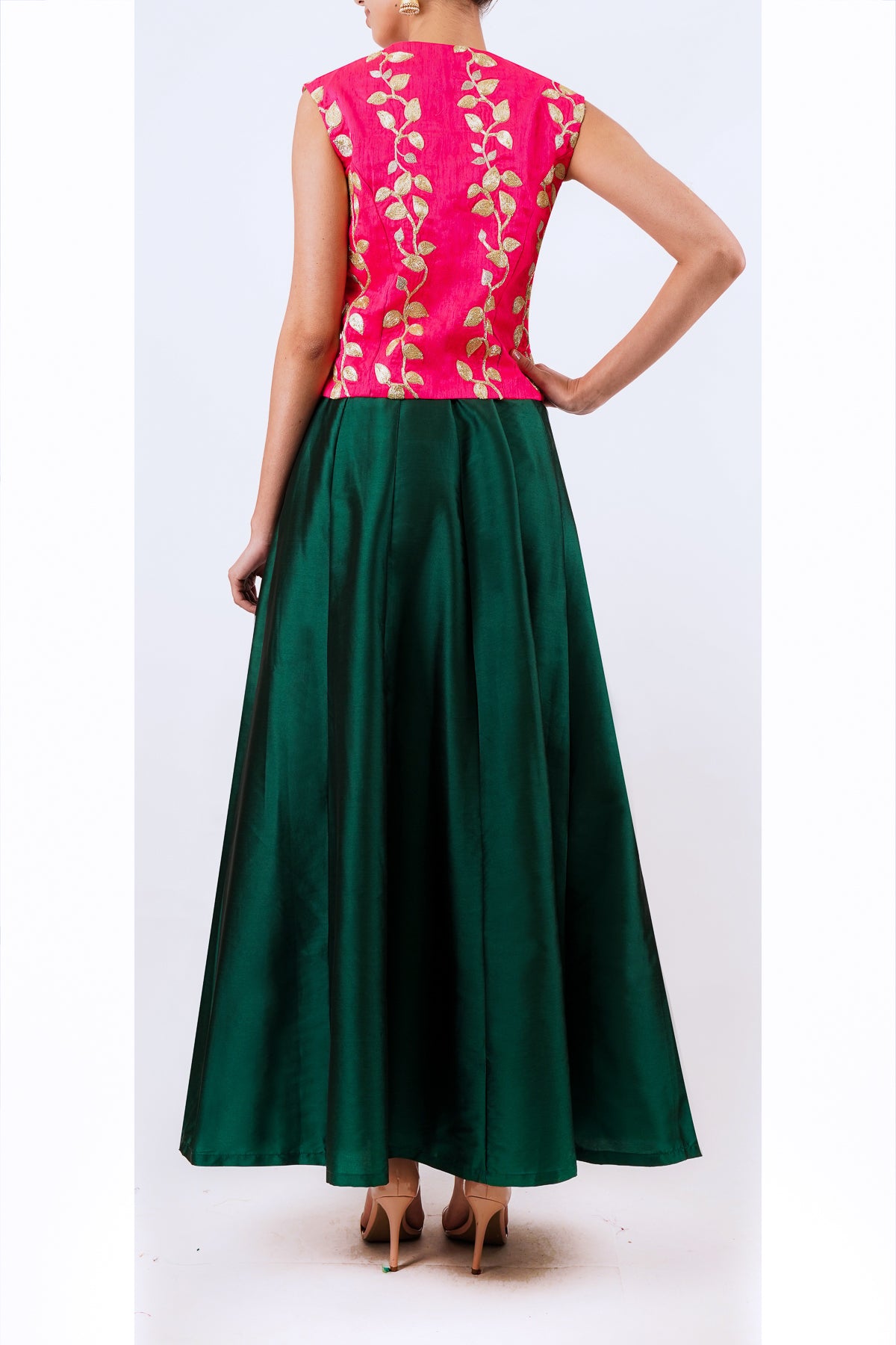 Fuschia embroidered top with green tafetta silk skirt