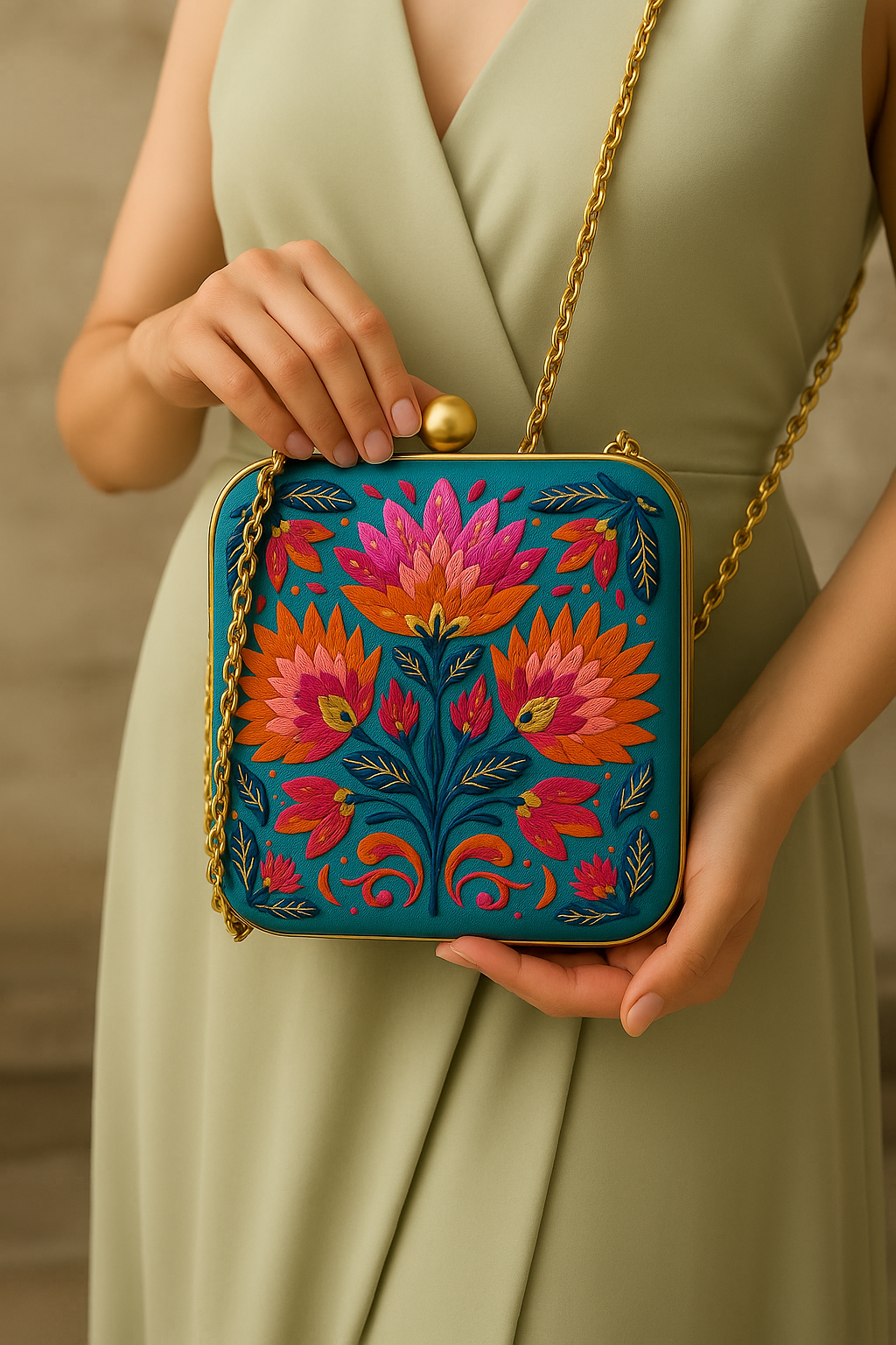 Golden Bee Embroidered Clutch in Ivory Satin with Floral Detailing (Copy)