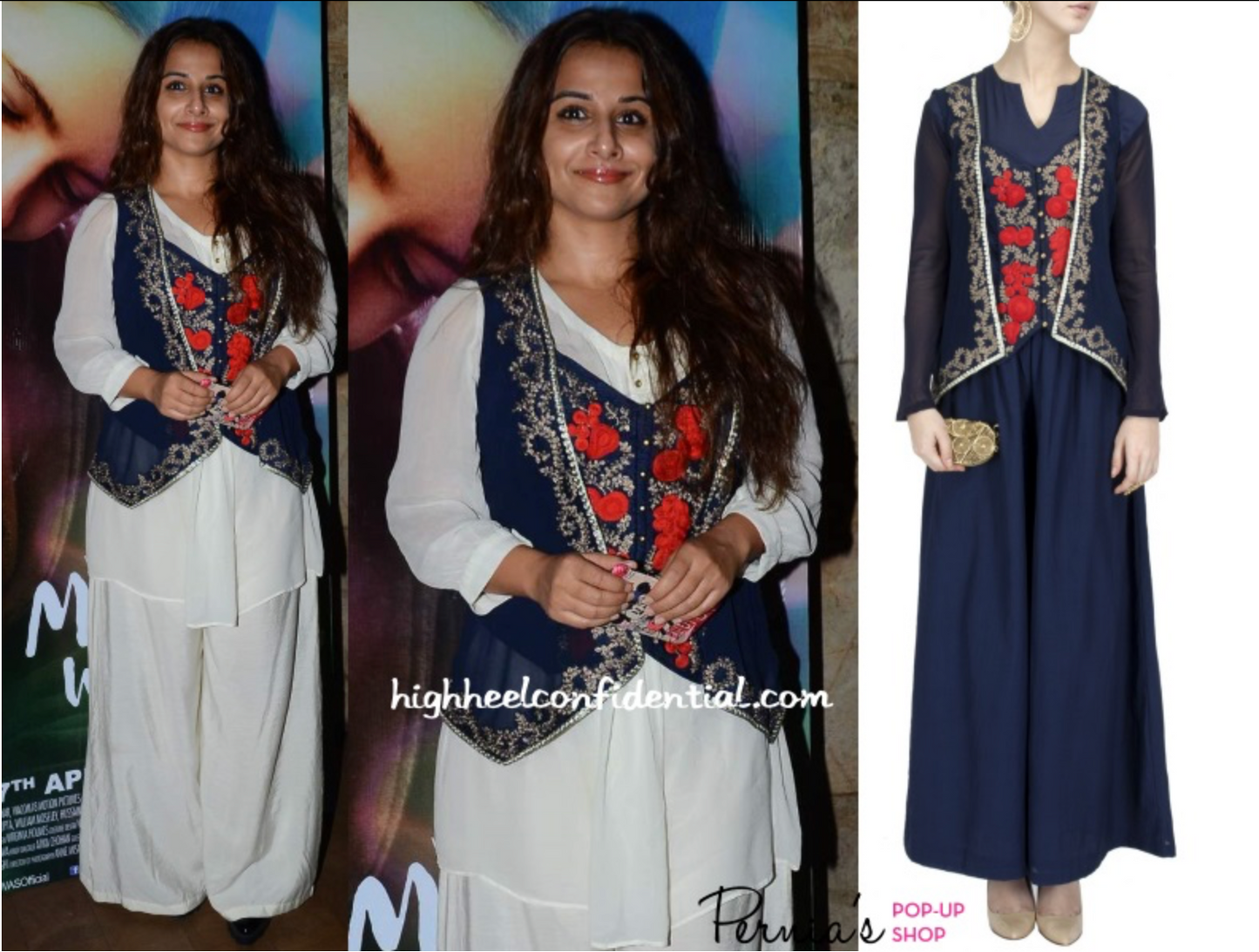 Vidya Balan in blue and red jacket with white kurta and white pants