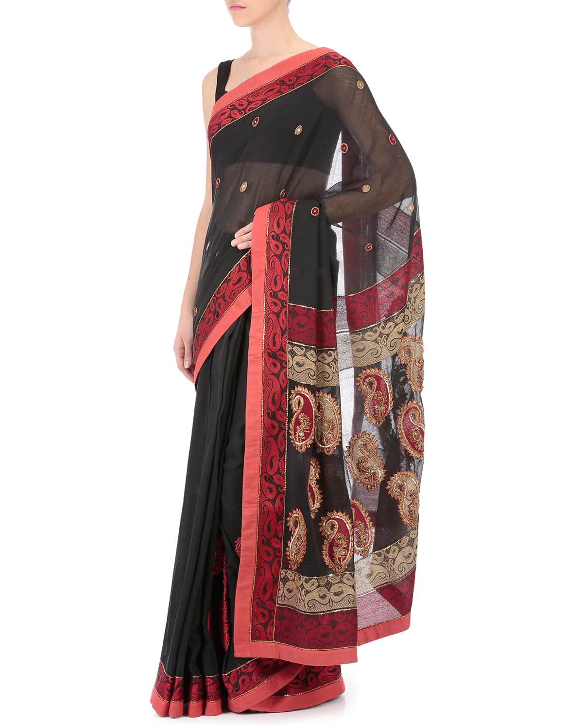 Black and Red Handwoven Sari in Cotton Silk