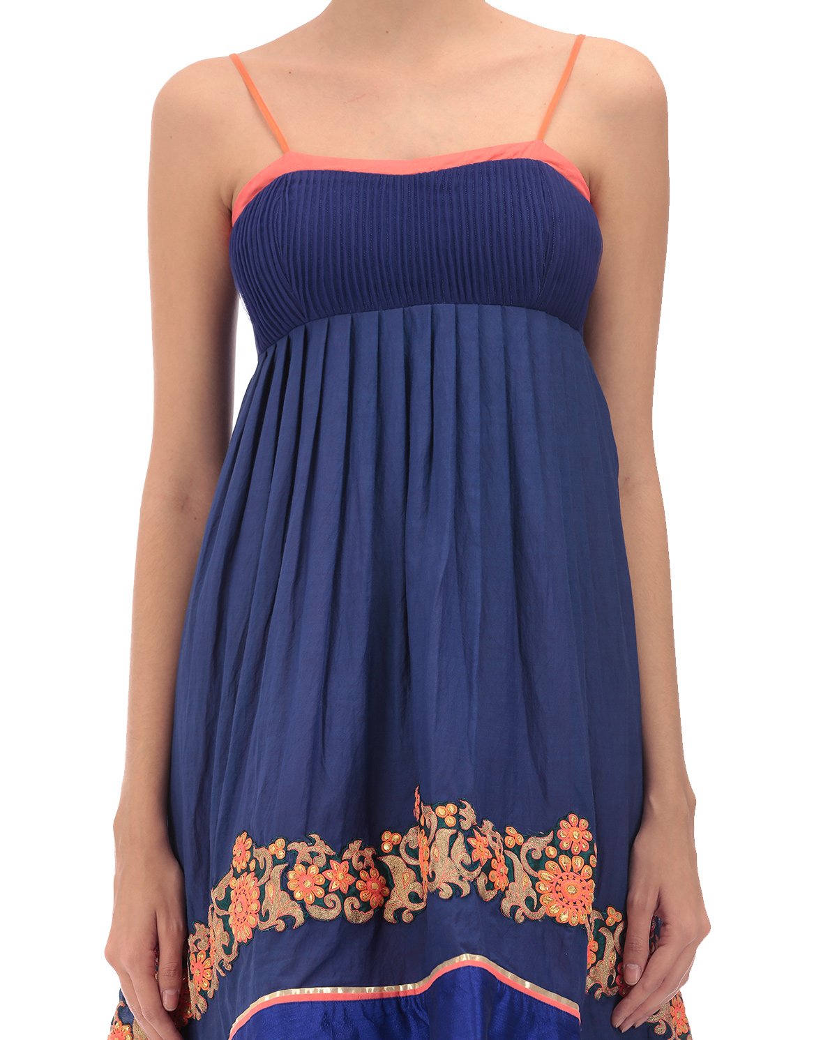 blue assymetrical dress with embroidery.