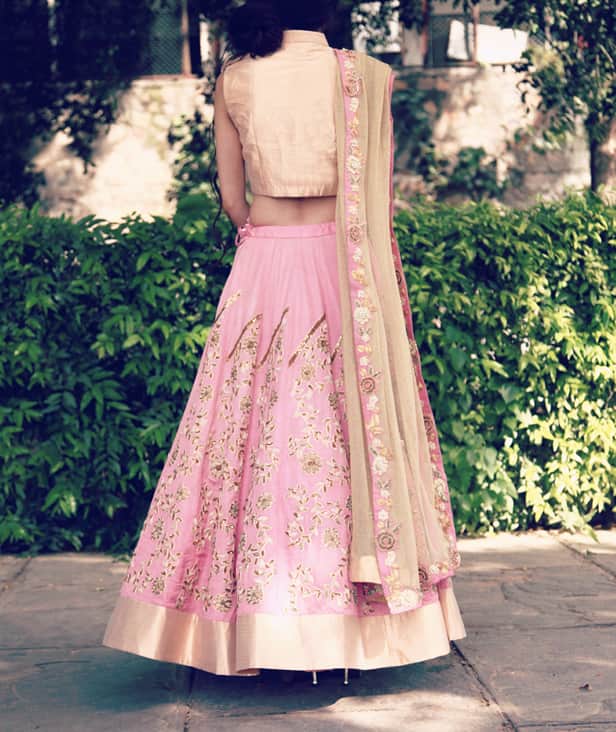 Pink Floral Zardozi and Resham Embroidered Lehenga and Gold Blouse Set