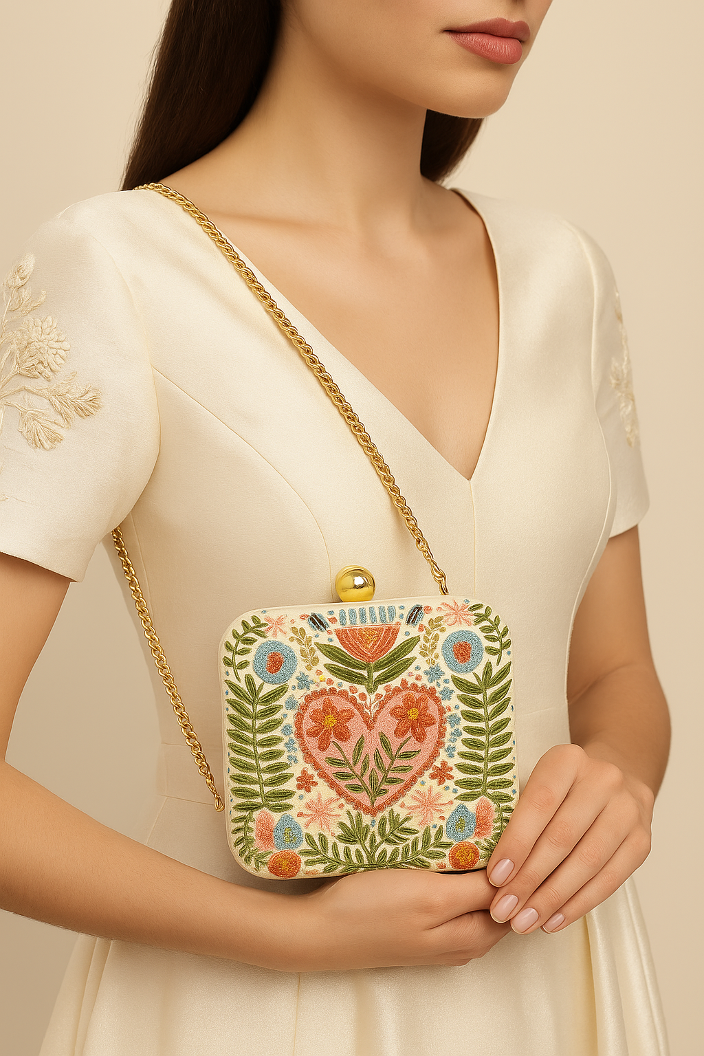 Heart & Bloom Hand-Embroidered Clutch – Ivory & Multicolor