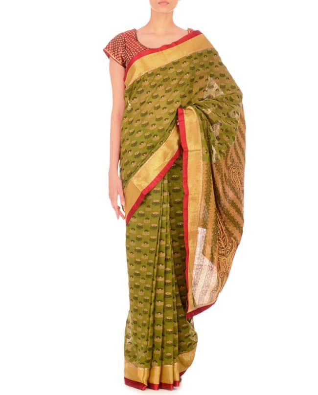 Green Jacquard Sari in Cotton Silk